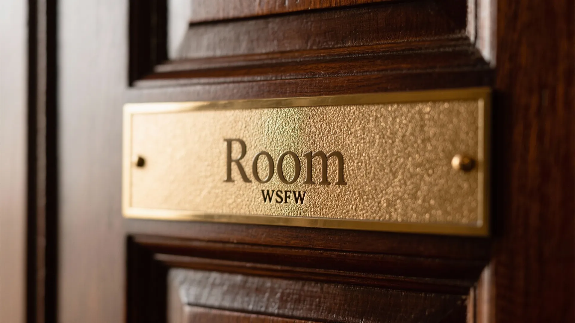 Engraved gold brass nameplate fixed on a dark brown wooden door with two small screws