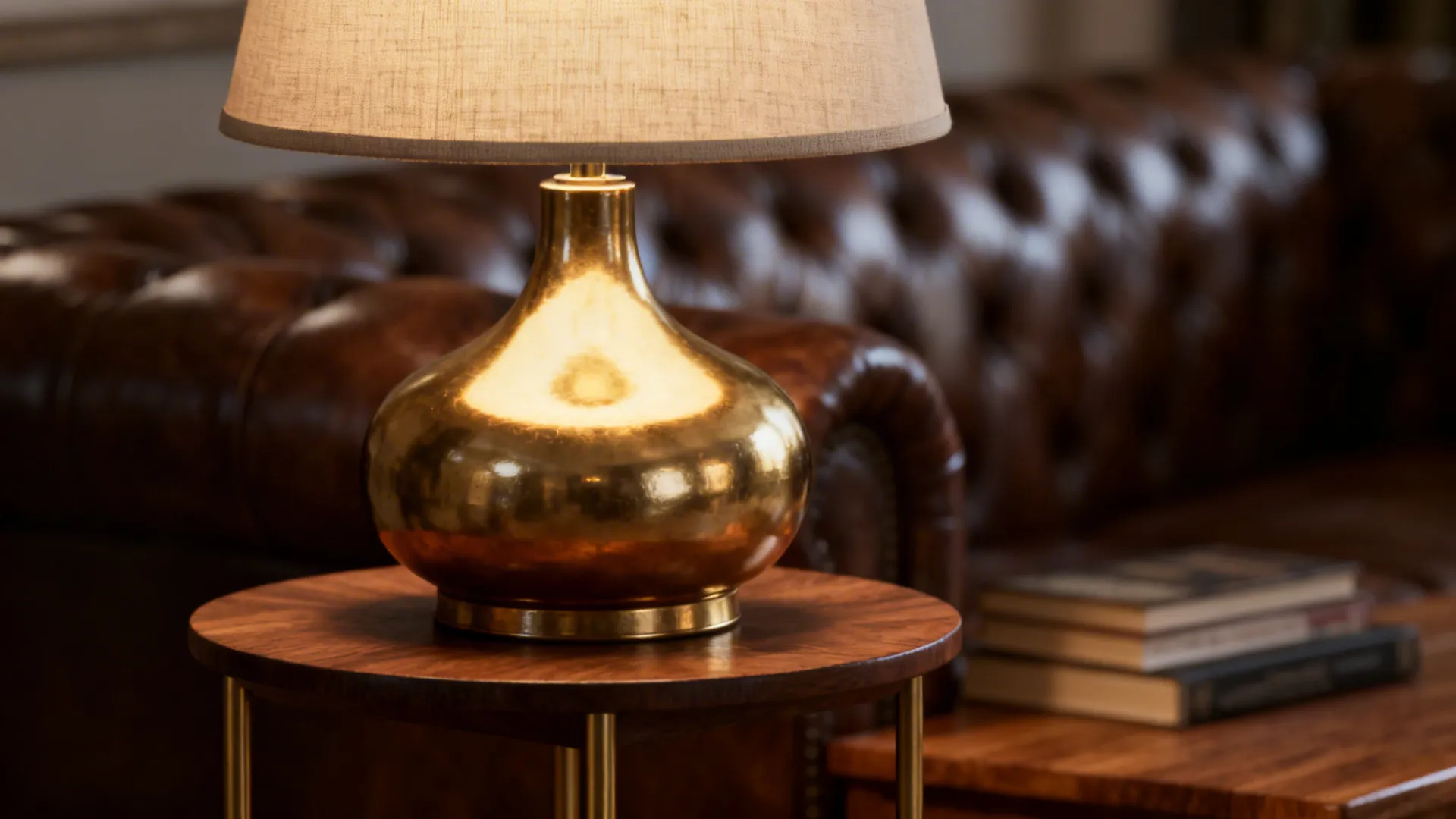 Close-up of a polished brass lamp with a neutral fabric drum shade on a side table