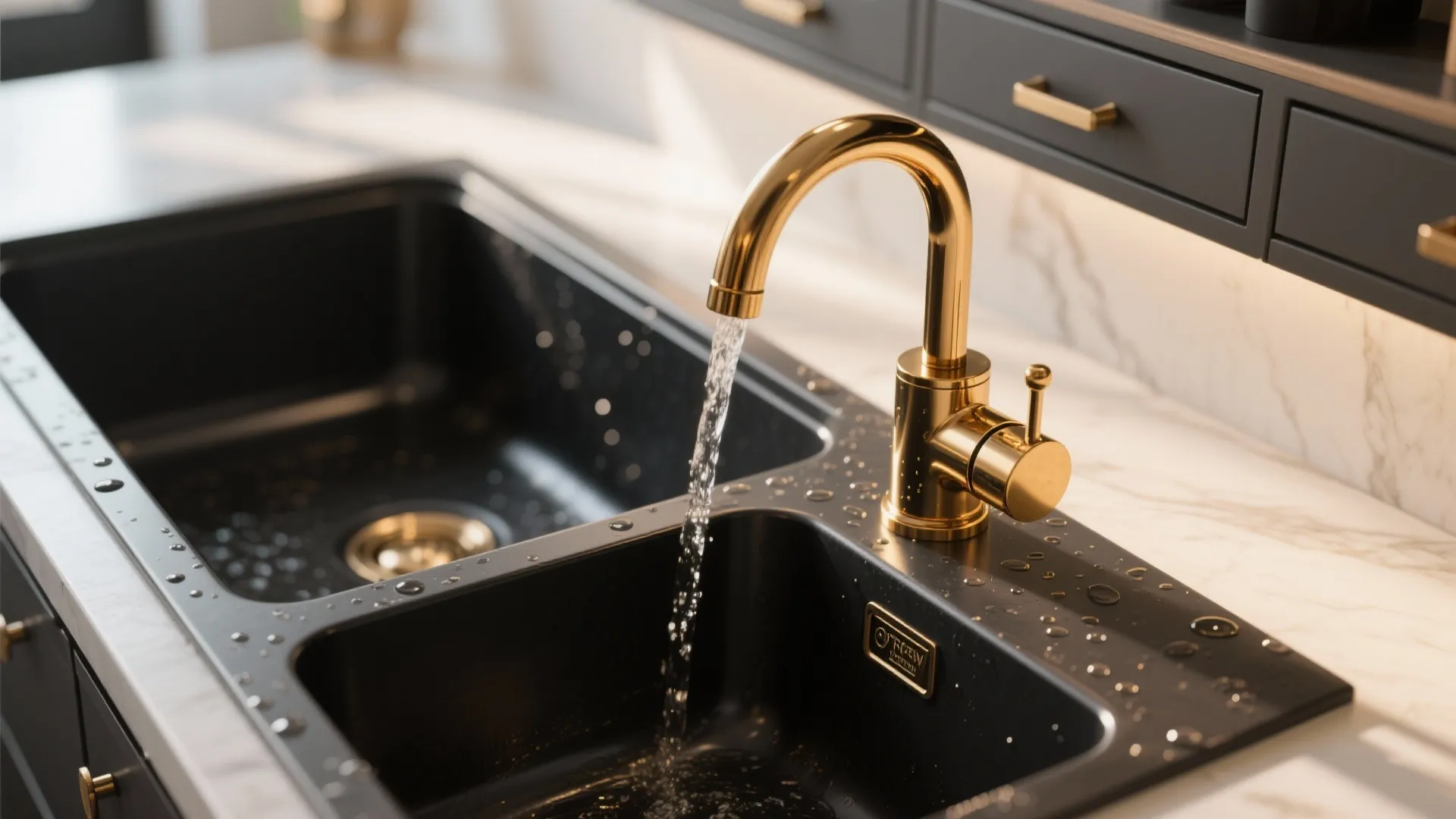 Modern gold tap pouring water into a black double kitchen sink with a marble countertop