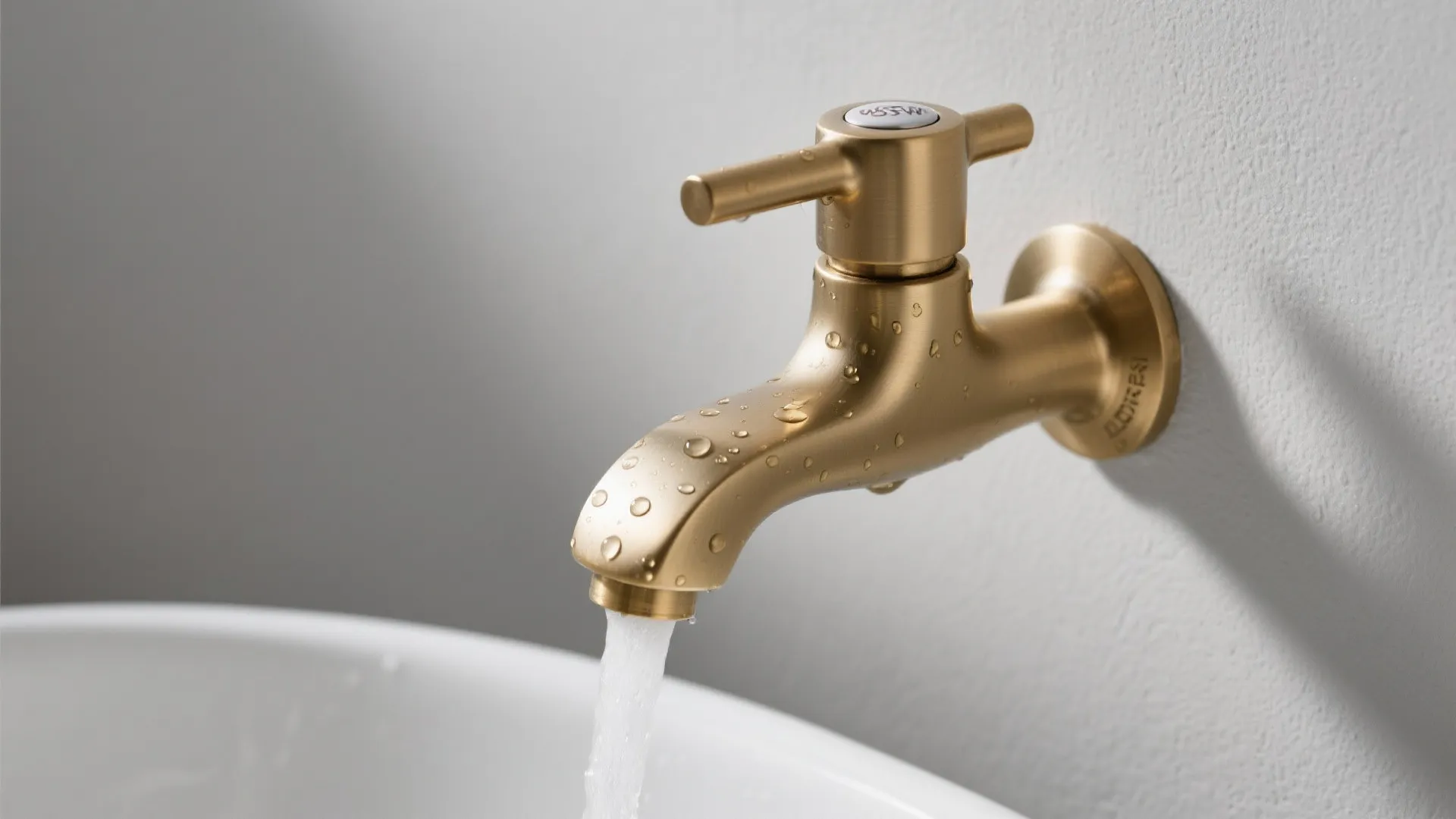 Gold metal water tap on white wall with flowing water into a white sink bowl