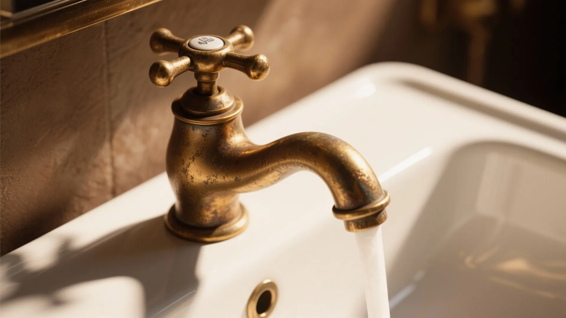 Vintage brass water tap with cross handle running water into a white ceramic bathroom sink