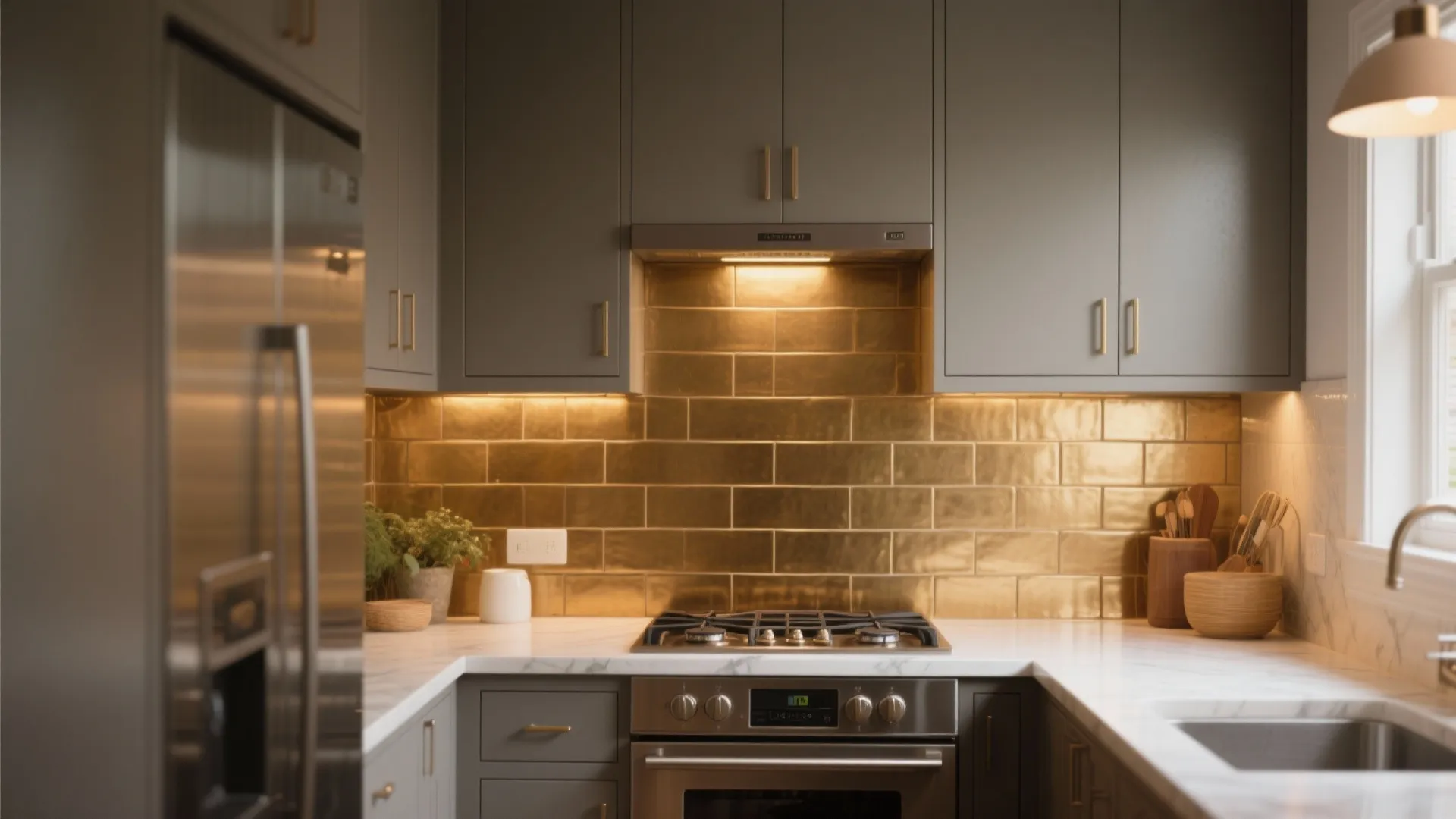 Grey kitchen cabinets with shiny gold wall tiles, white marble counter, and warm under cabinet lighting