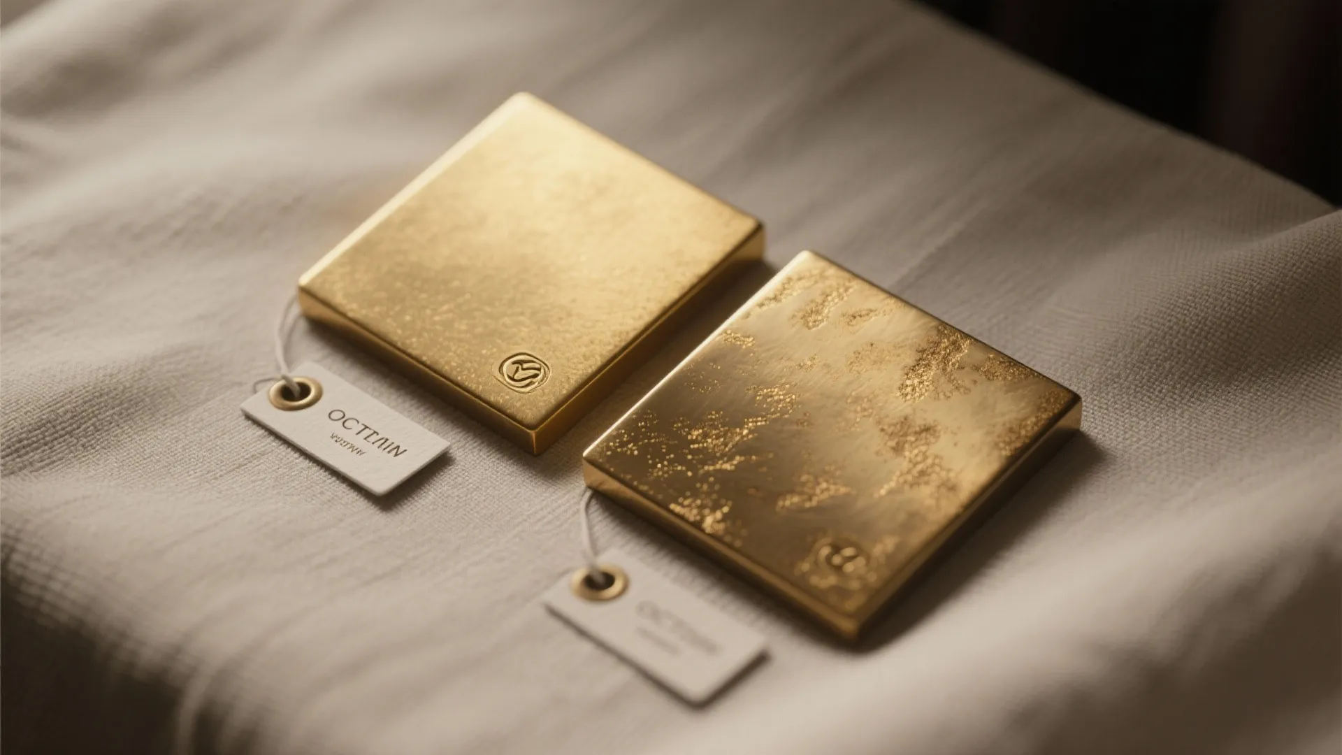 Comparison of solid brass and brass-plated finish samples on cloth with labels.