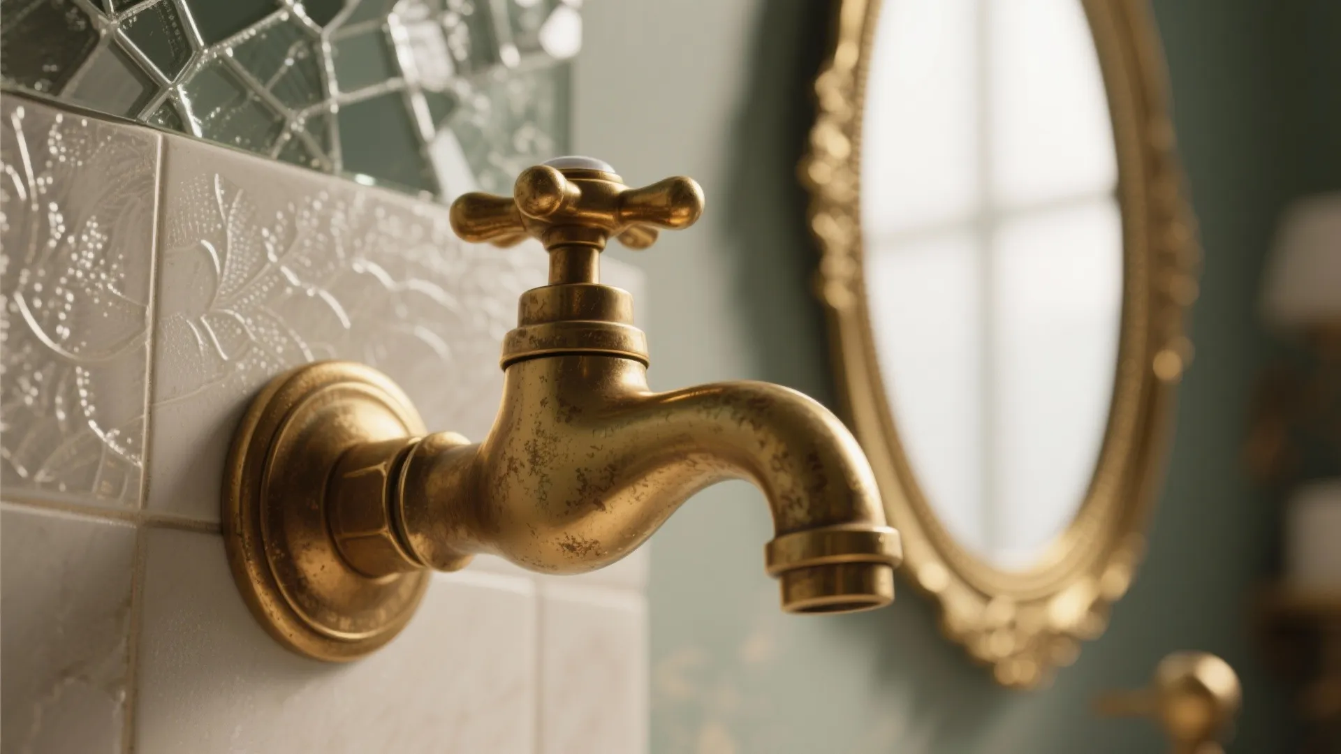 4. Choose brass fittings, etched glass, and a vintage mirror