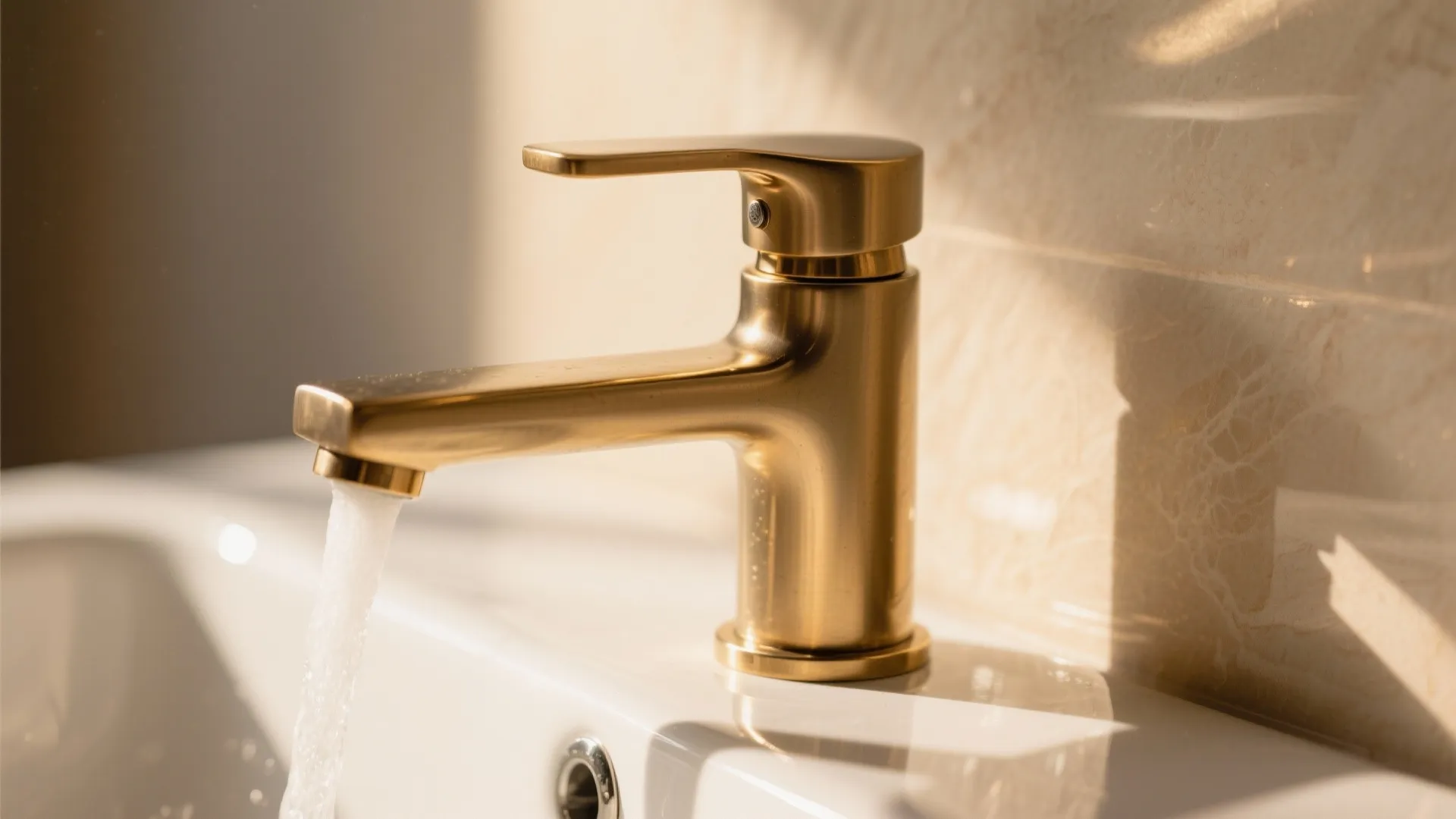 Close up of a gold water tap running into a white sink in a bathroom