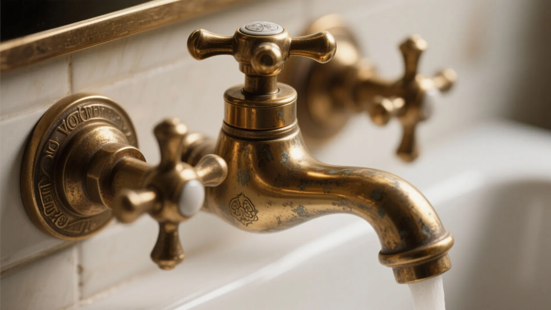Vintage gold water tap on white wall with running water into a clean bathroom sink