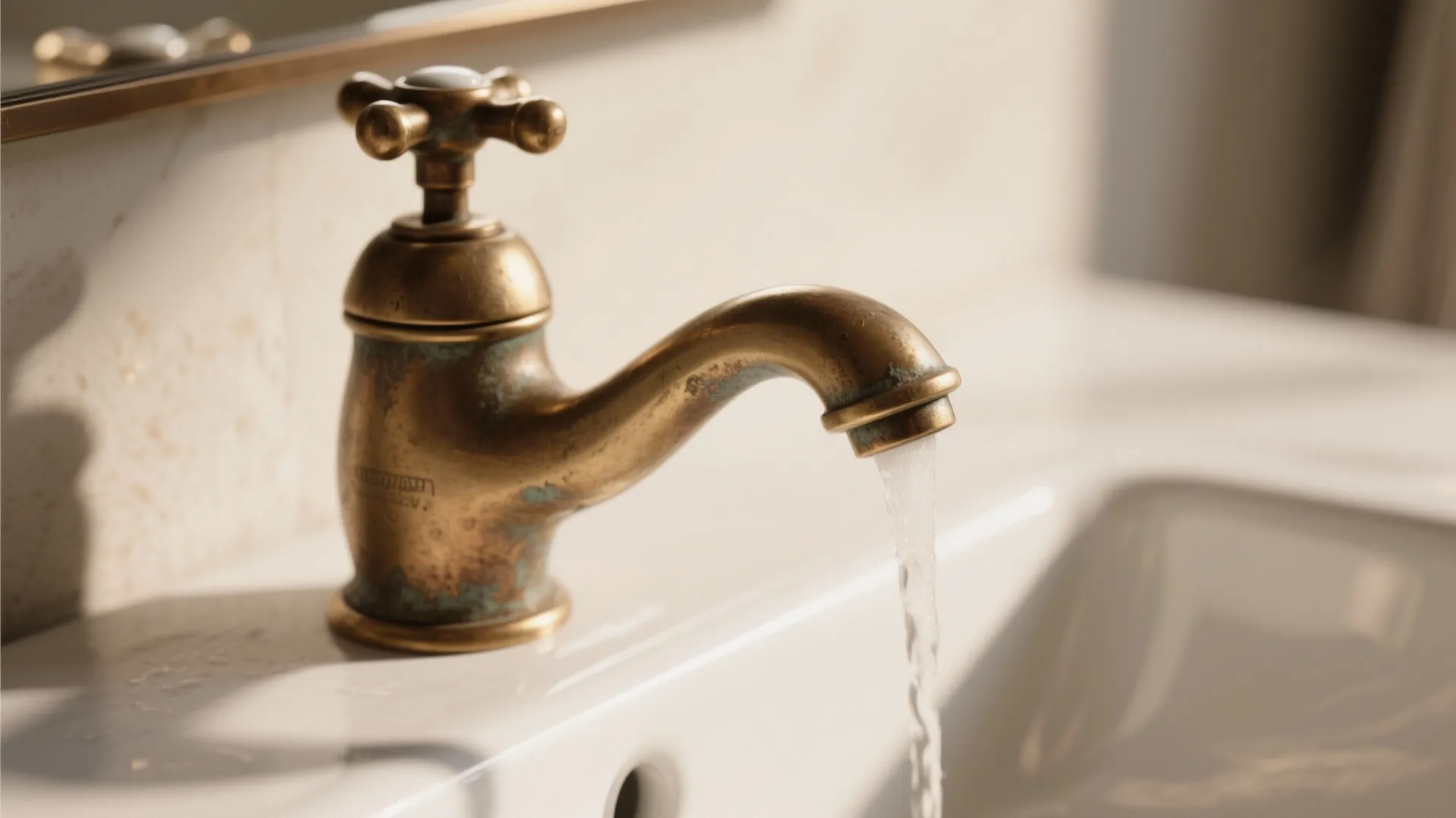 Vintage brass water tap with green patina running clean water into a white ceramic sink