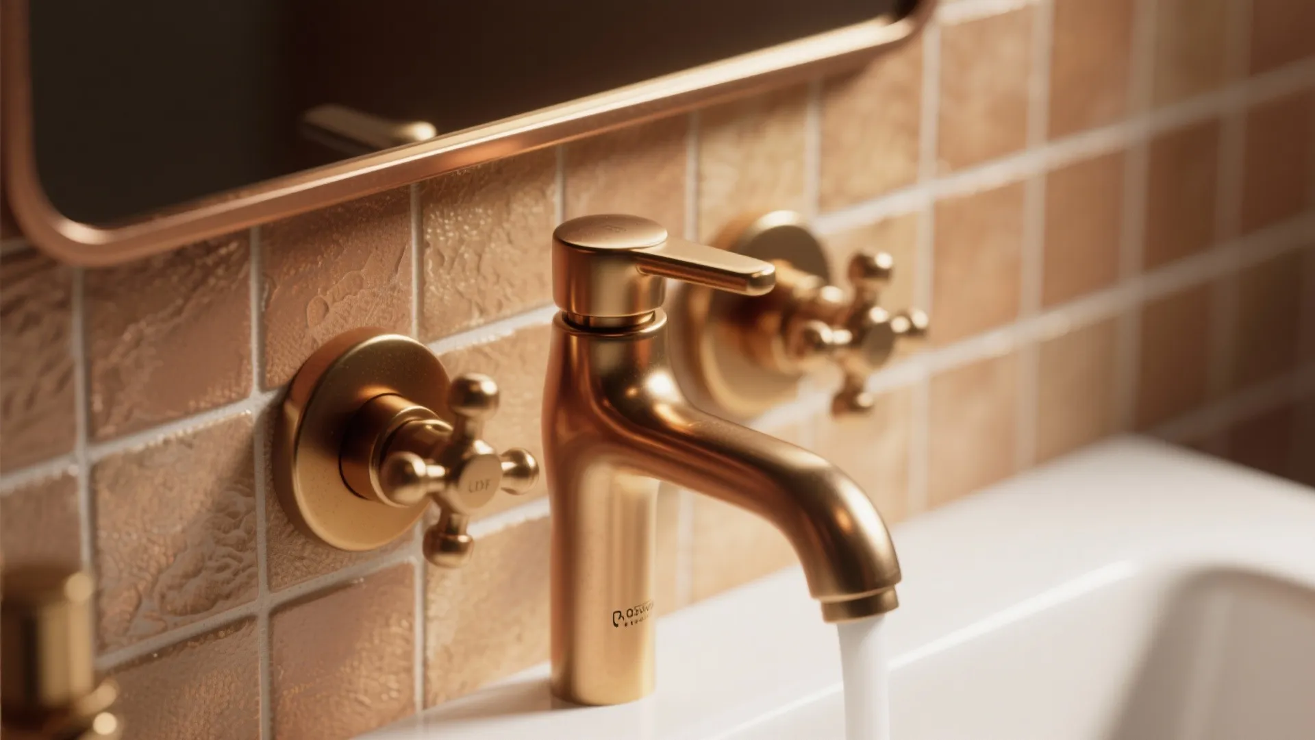 Close up of gold water tap and wall light fixture in bathroom with brown tiles