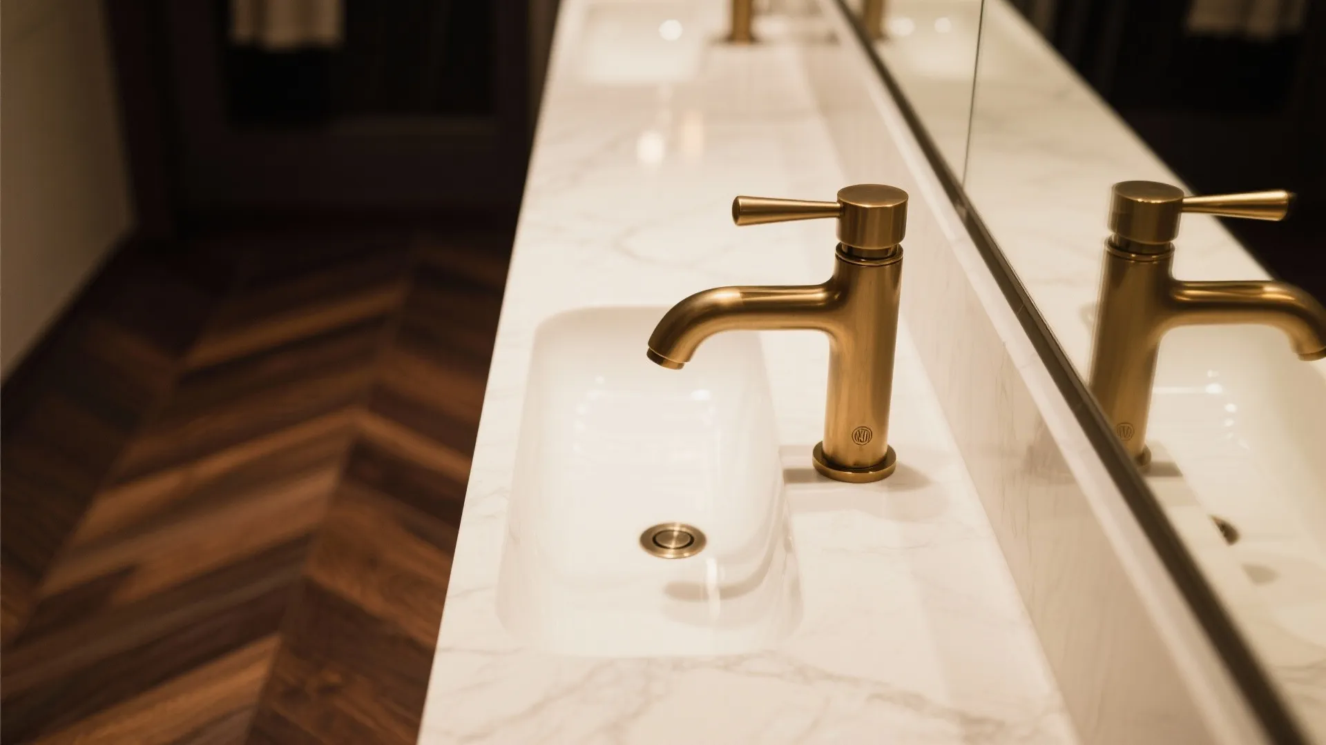 Modern white marble bathroom counter with a gold water tap and dark wood floor pattern
