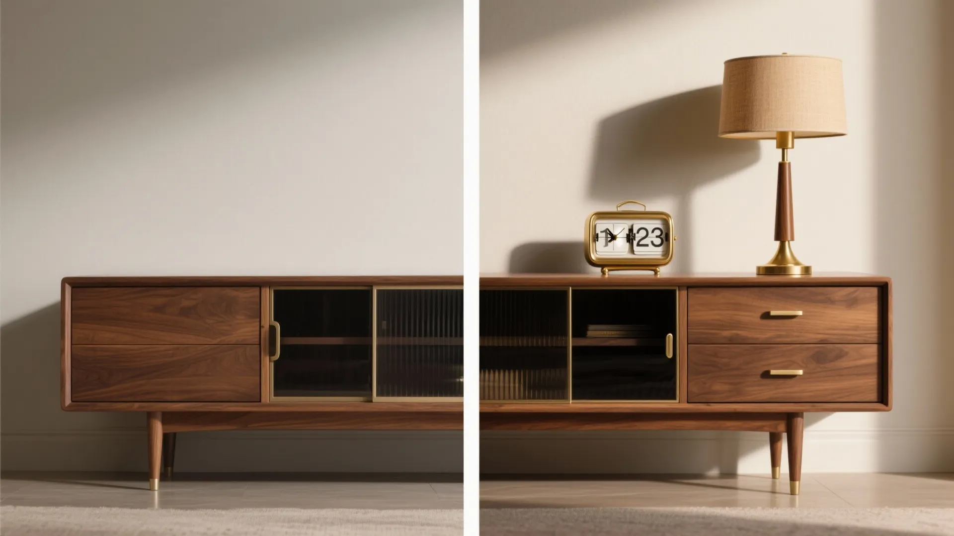 4) Mid-century brass or retro flip clock as a statement piece