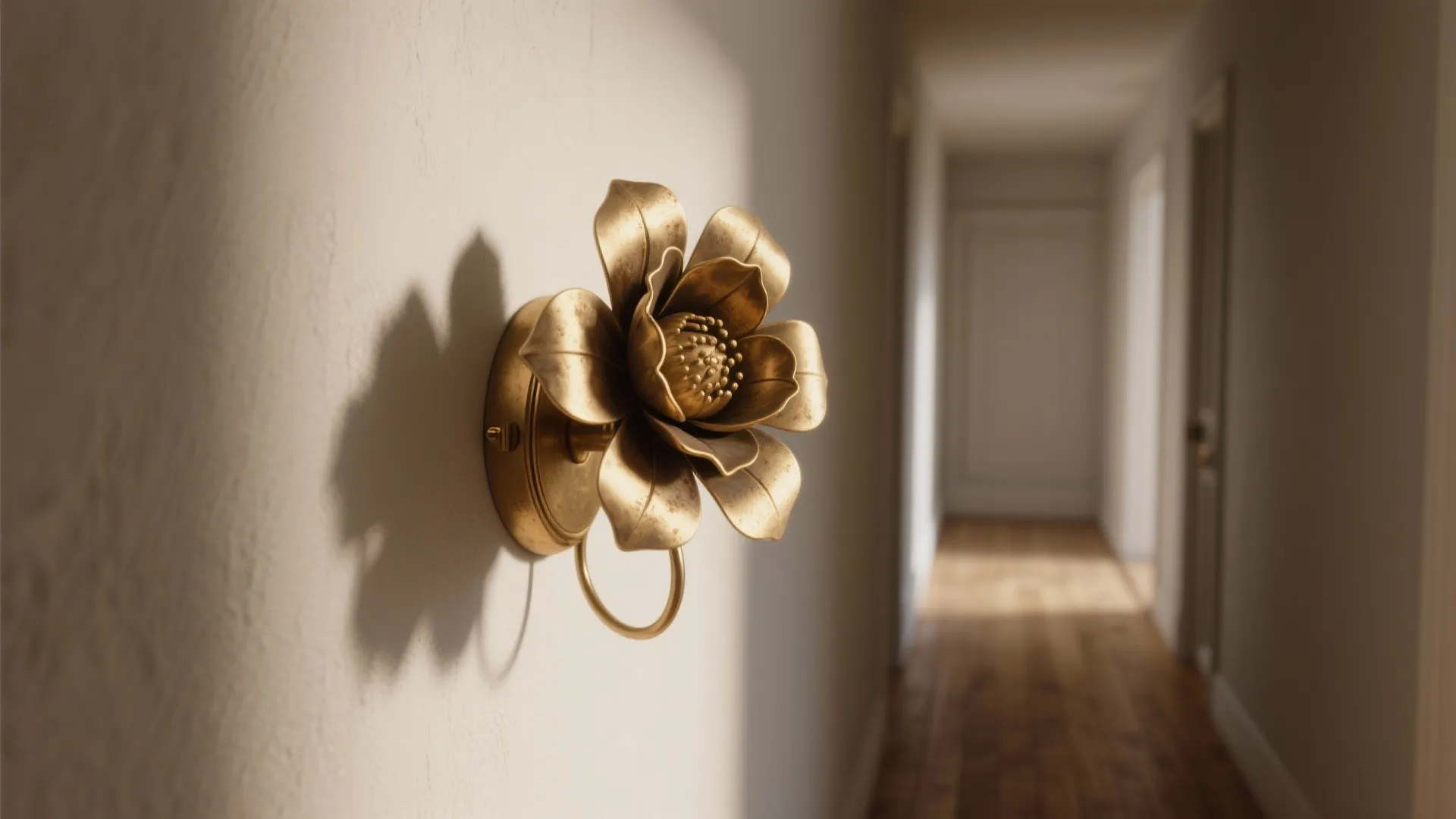 Gold flower wall light mounted on white wall in a bright hallway with wooden floor