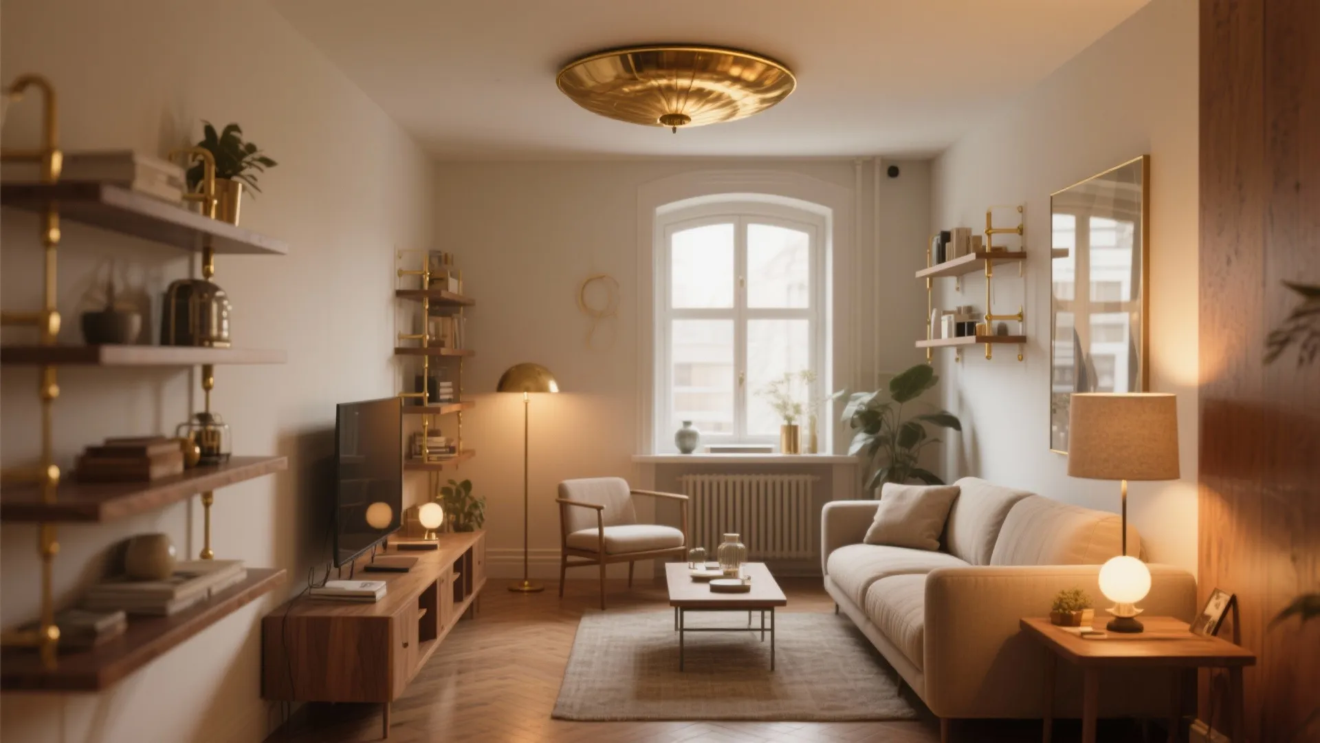 Small living studio with a brass-accented semi-decorative flush mount as a ceiling focal point
