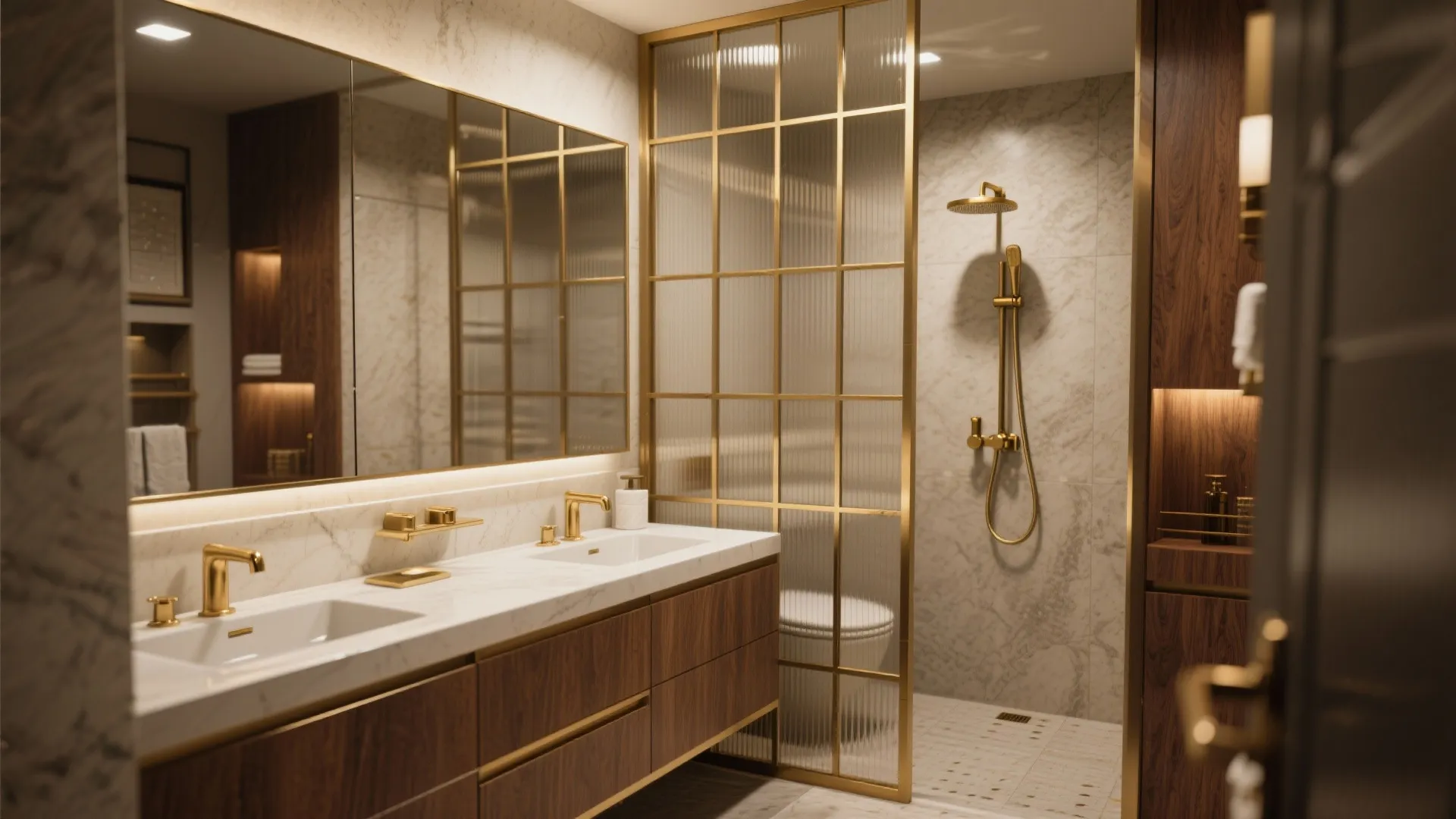 Modern bathroom with double sink vanity gold faucets glass wall shower and marble tile walls