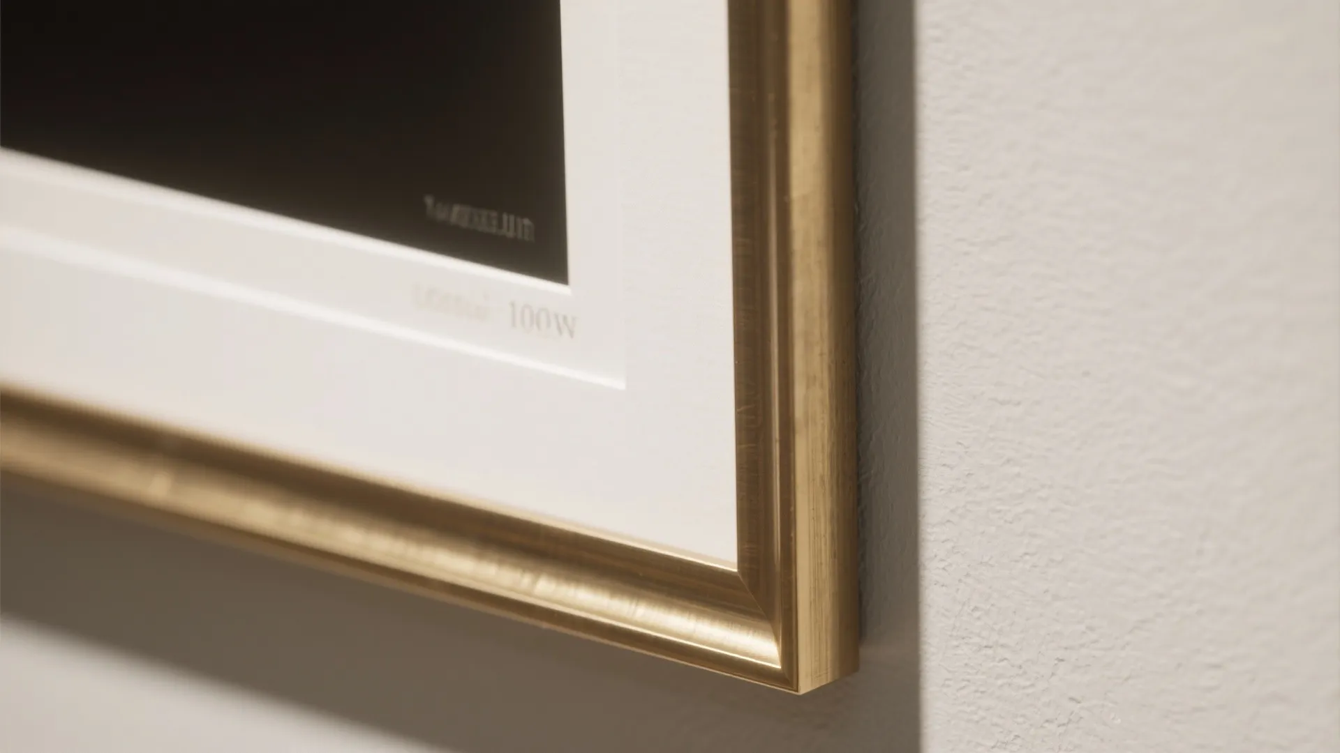 Close up view of a gold picture frame corner hanging on a white textured wall