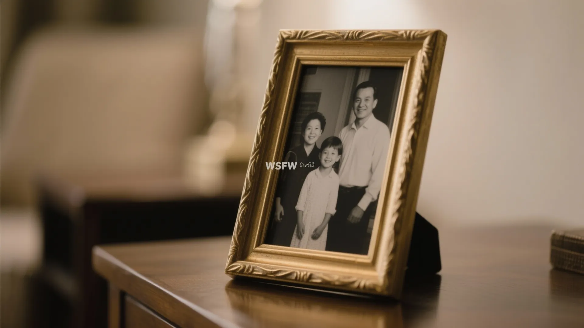 Gold picture frame holding a family photo placed on a dark wood cabinet for decoration