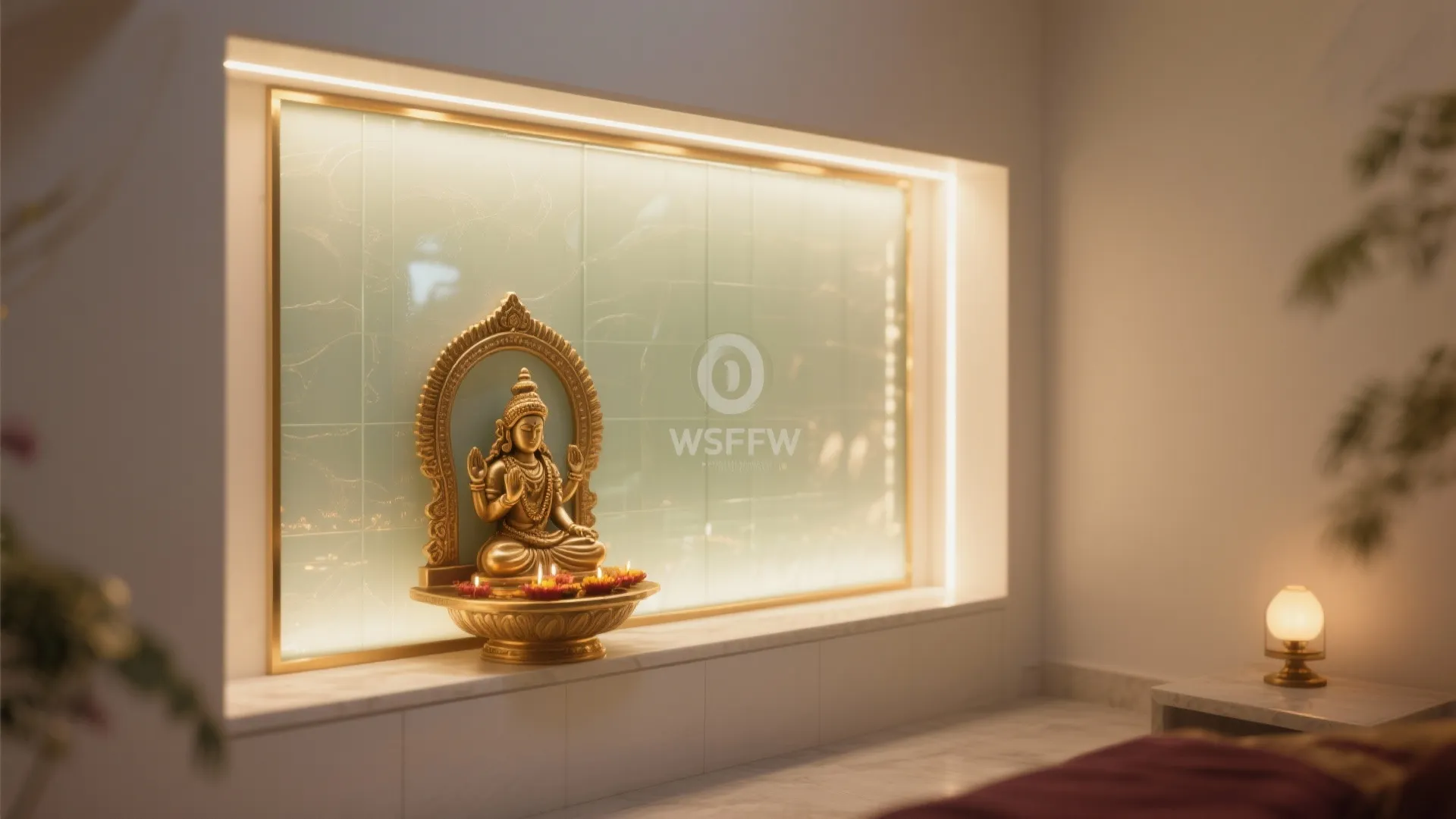 Golden statue placed on a white shelf before a glowing light panel in a room