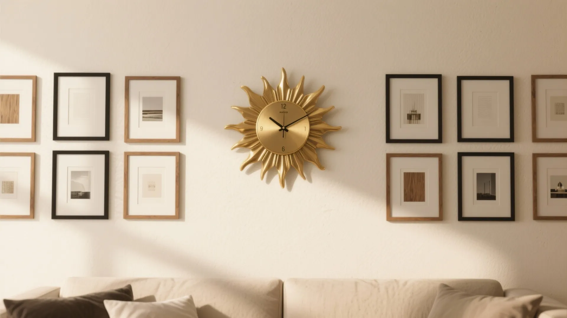 2) Warm Brass Sun Clock over a Minimalist Gallery Wall