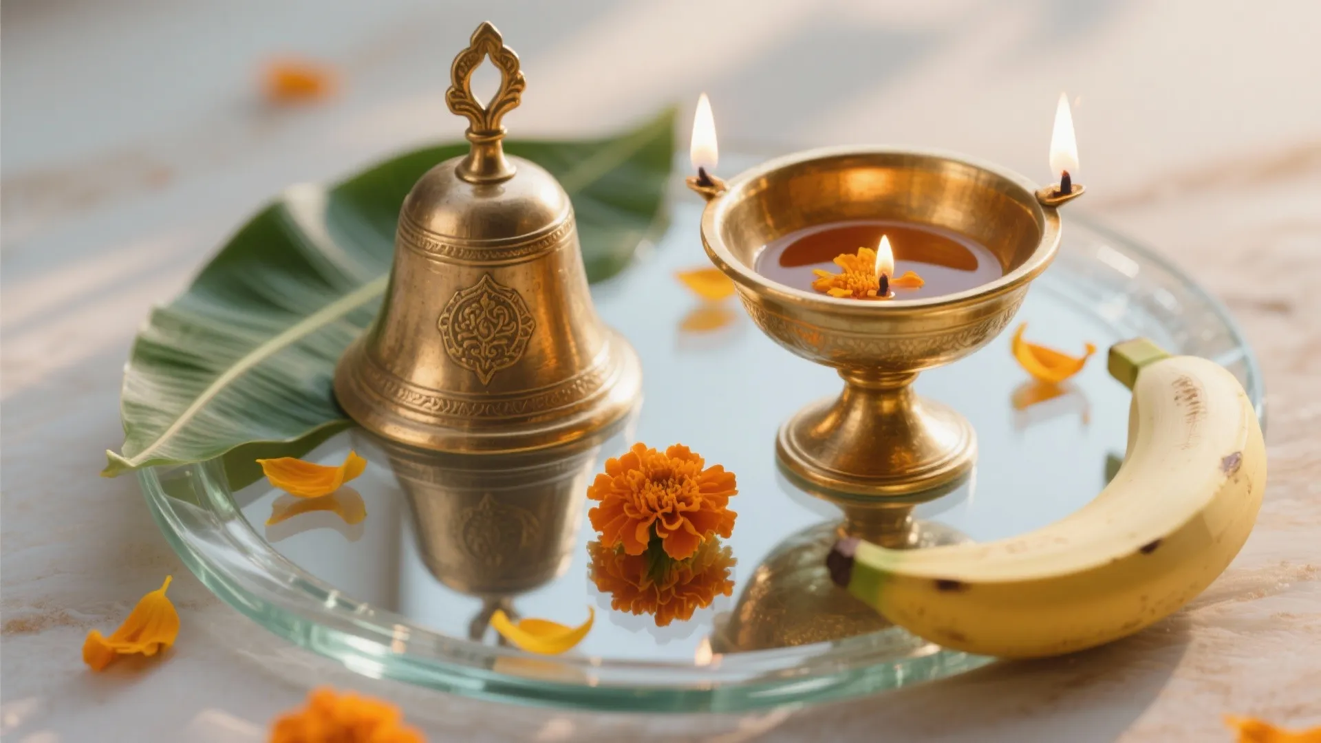 Brass bell and lit oil lamp on glass tray with yellow flowers and green leaf