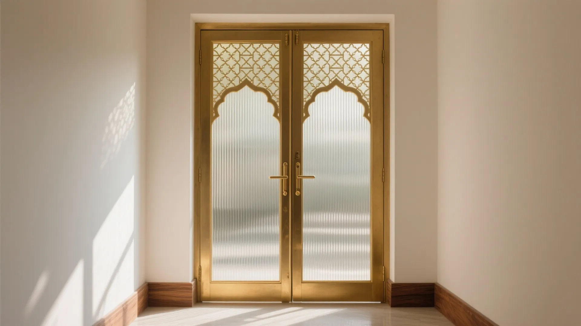 Fluted glass double doors with slim brass frame and fine jaali overlay, contemporary mandir niche letting daylight through.