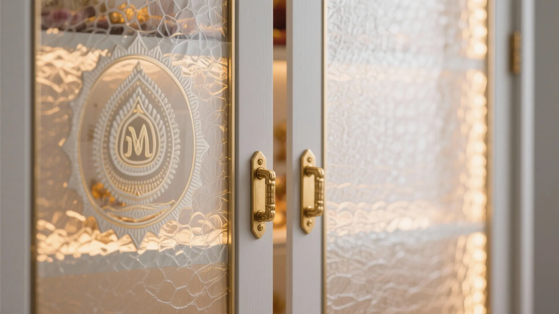 Macro detail of brass pull and frosted glass panel on a minimalist sliding-door mandir.