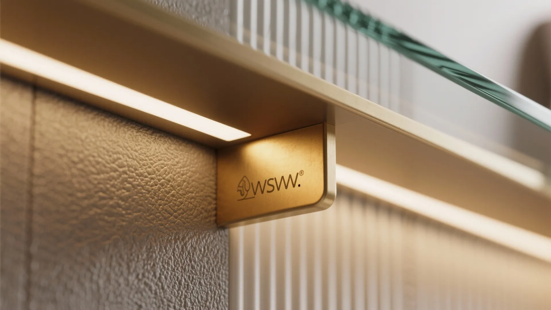 Close-up of brass trim, fluted PVC texture and tempered glass shelf bracket with soft LED glow.