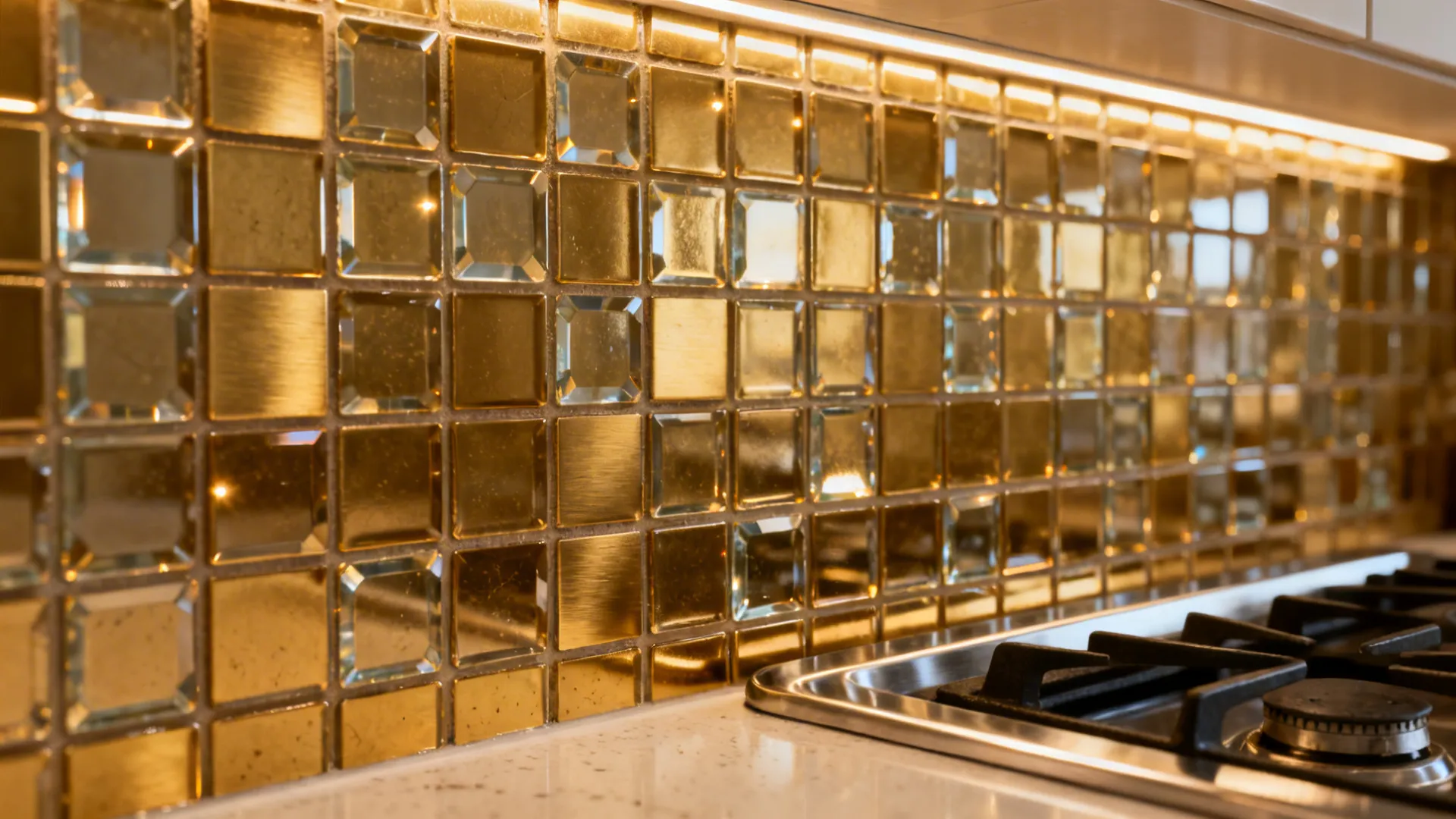 Macro of brushed brass mosaic and beveled glass tiles reflecting warm under-cabinet light.