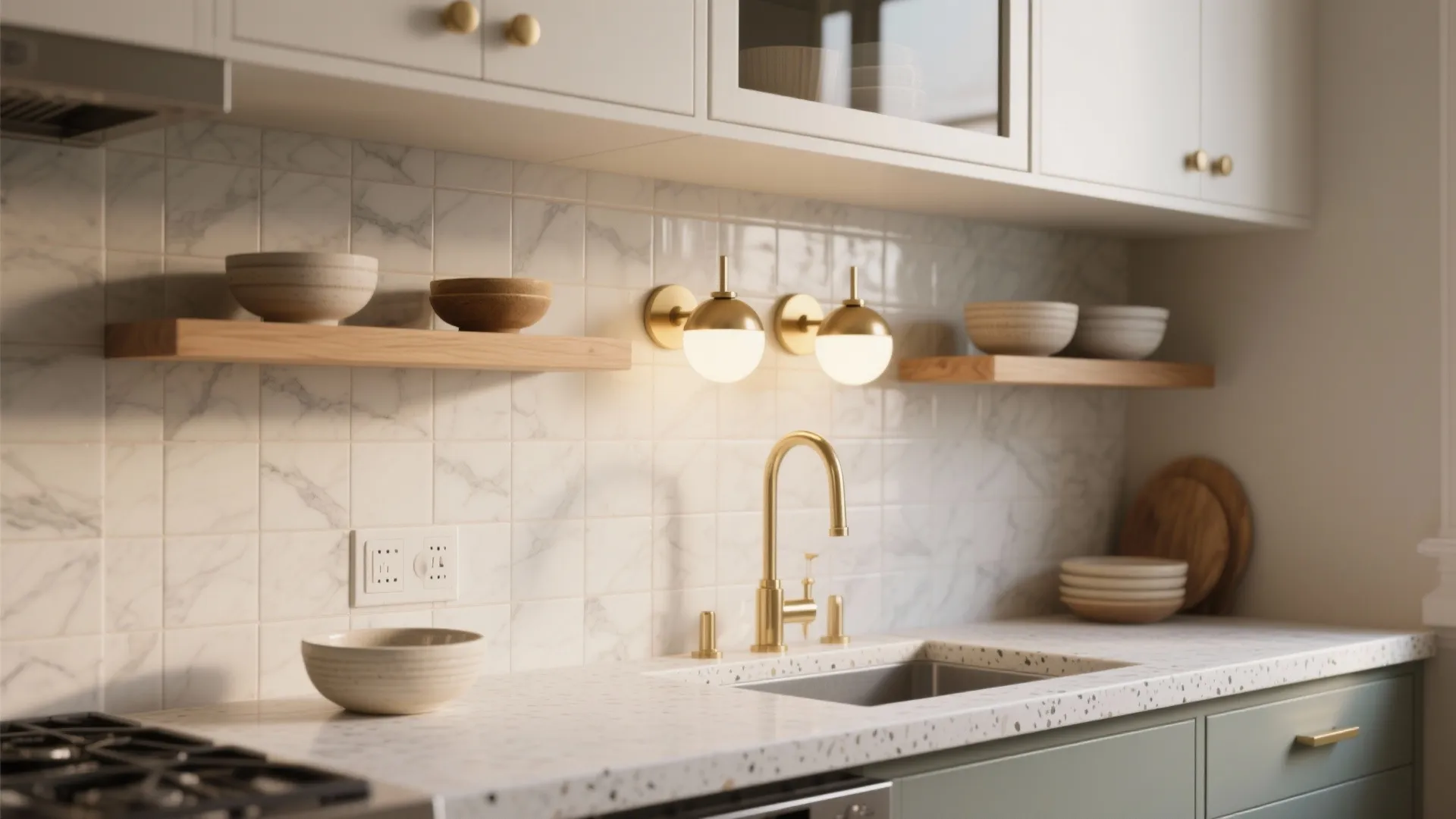 Brass globe sconces over the backsplash