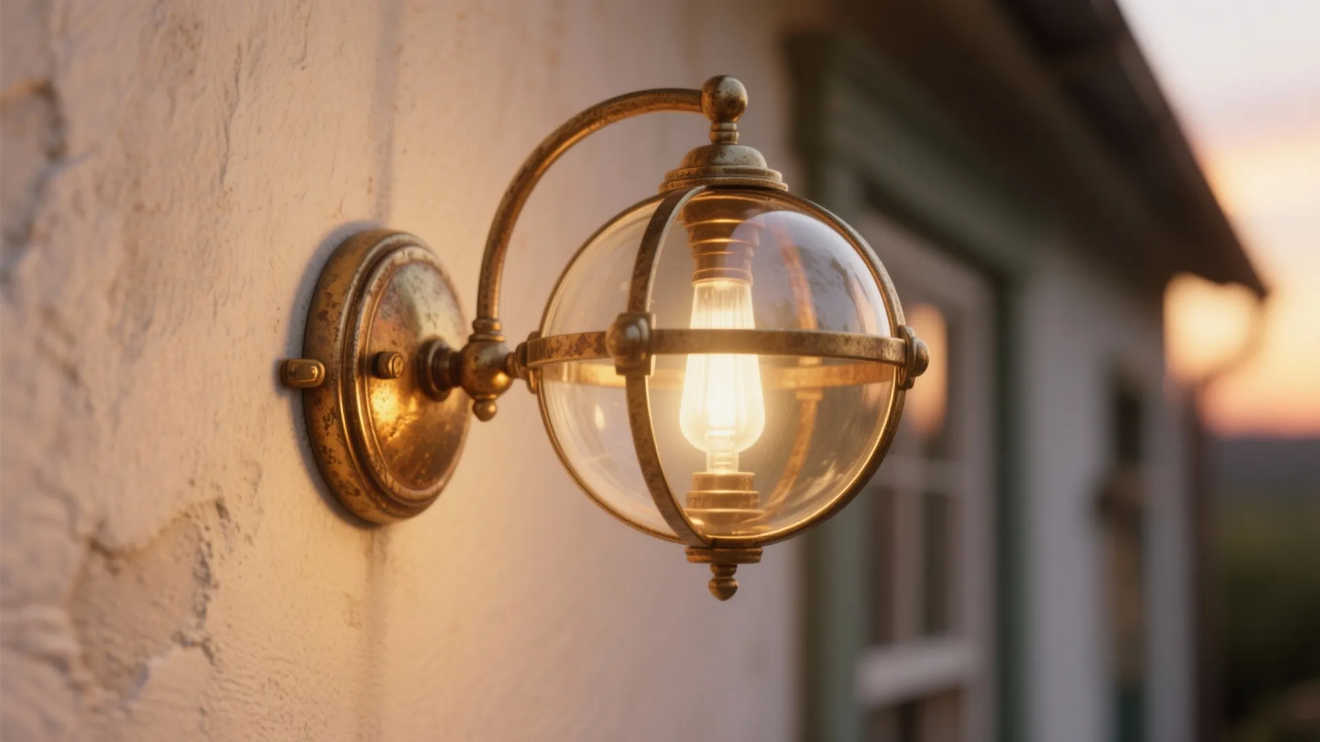 Brass globe wall light with warm patina detail on cottage wall