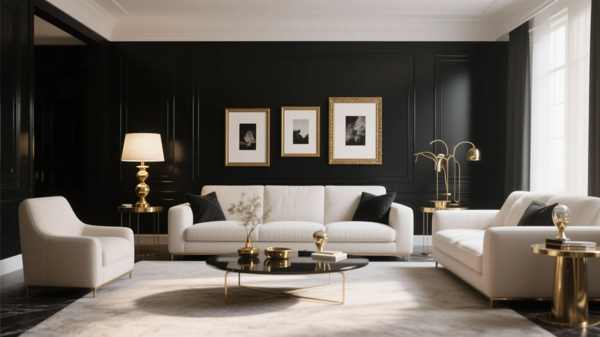 Brass and gold accents in a black and cream living room