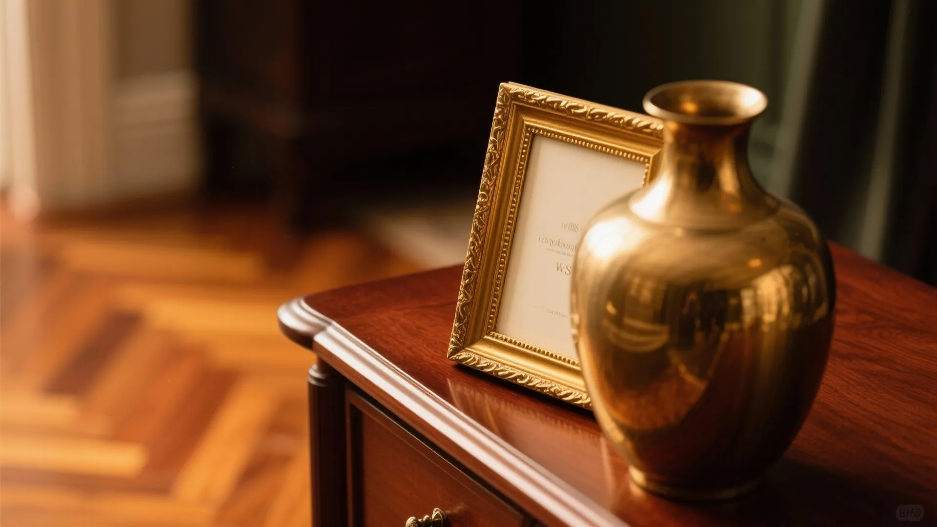 Close up view of golden picture frame and brass vase sitting on cherry wood cabinet