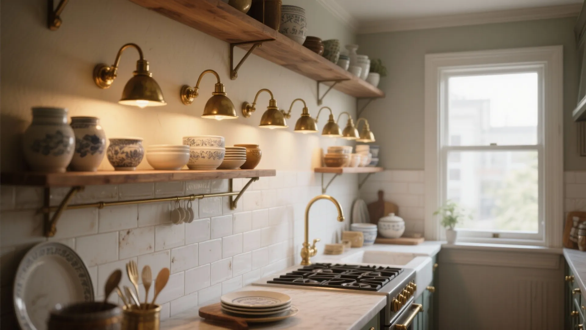 Small kitchen with open shelves lit by a row of antique brass gooseneck lights