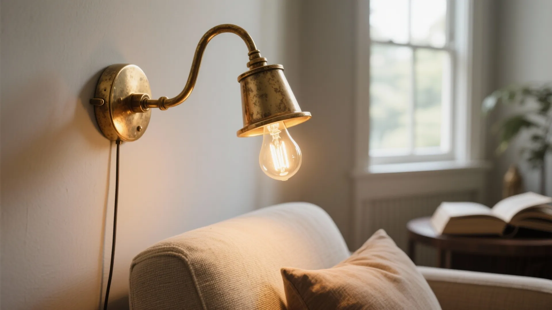 Brass gooseneck sconce with vintage LED bulb casting warm light over a reading chair.