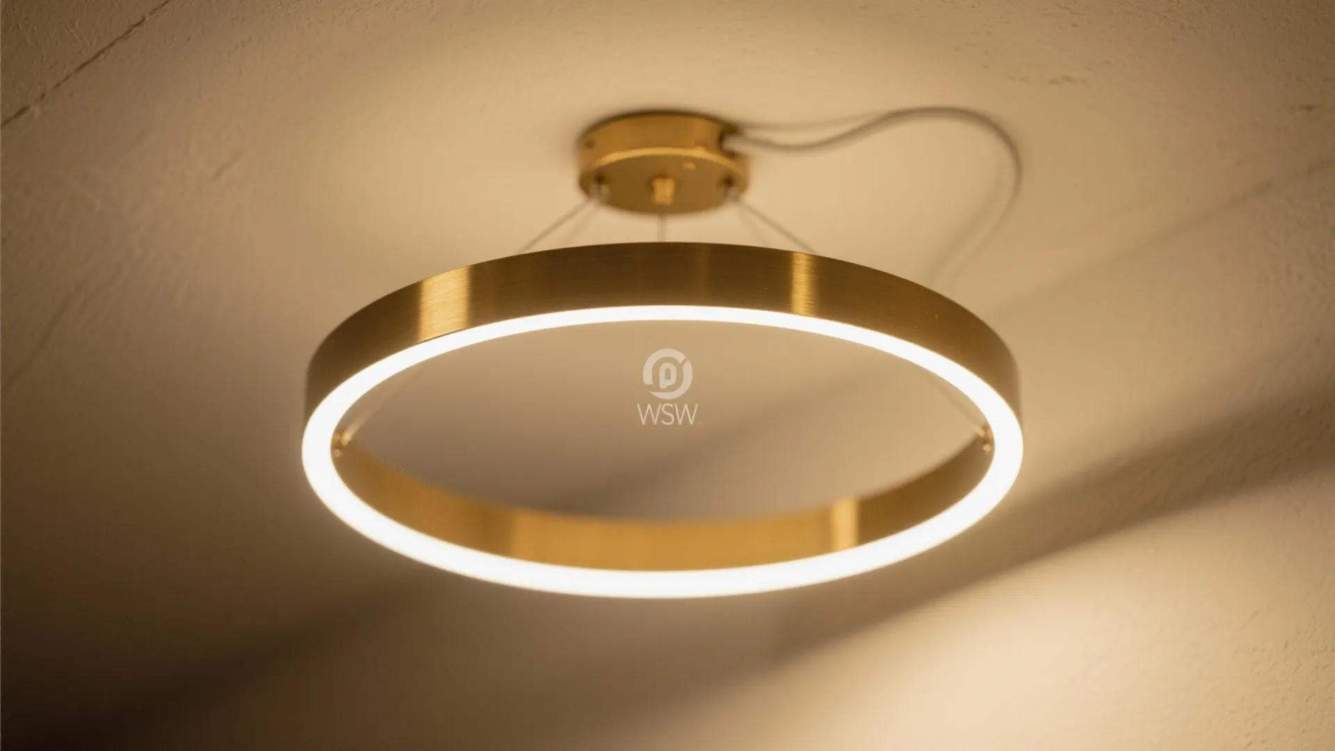 Macro close-up of a brass halo ring with hidden inward LED creating a soft aura.