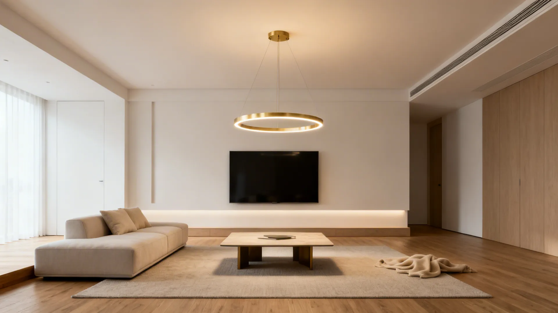 Satin brass halo ring jhoomar with warm LEDs over a modern living room coffee table.