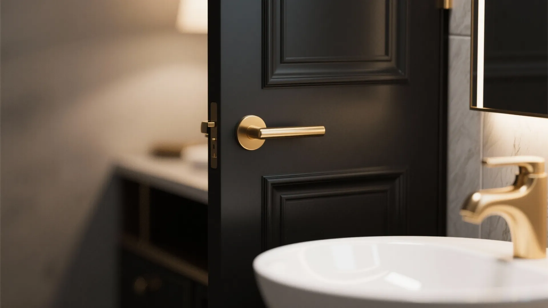 5. Black cabinet with brass hardware and statement basin