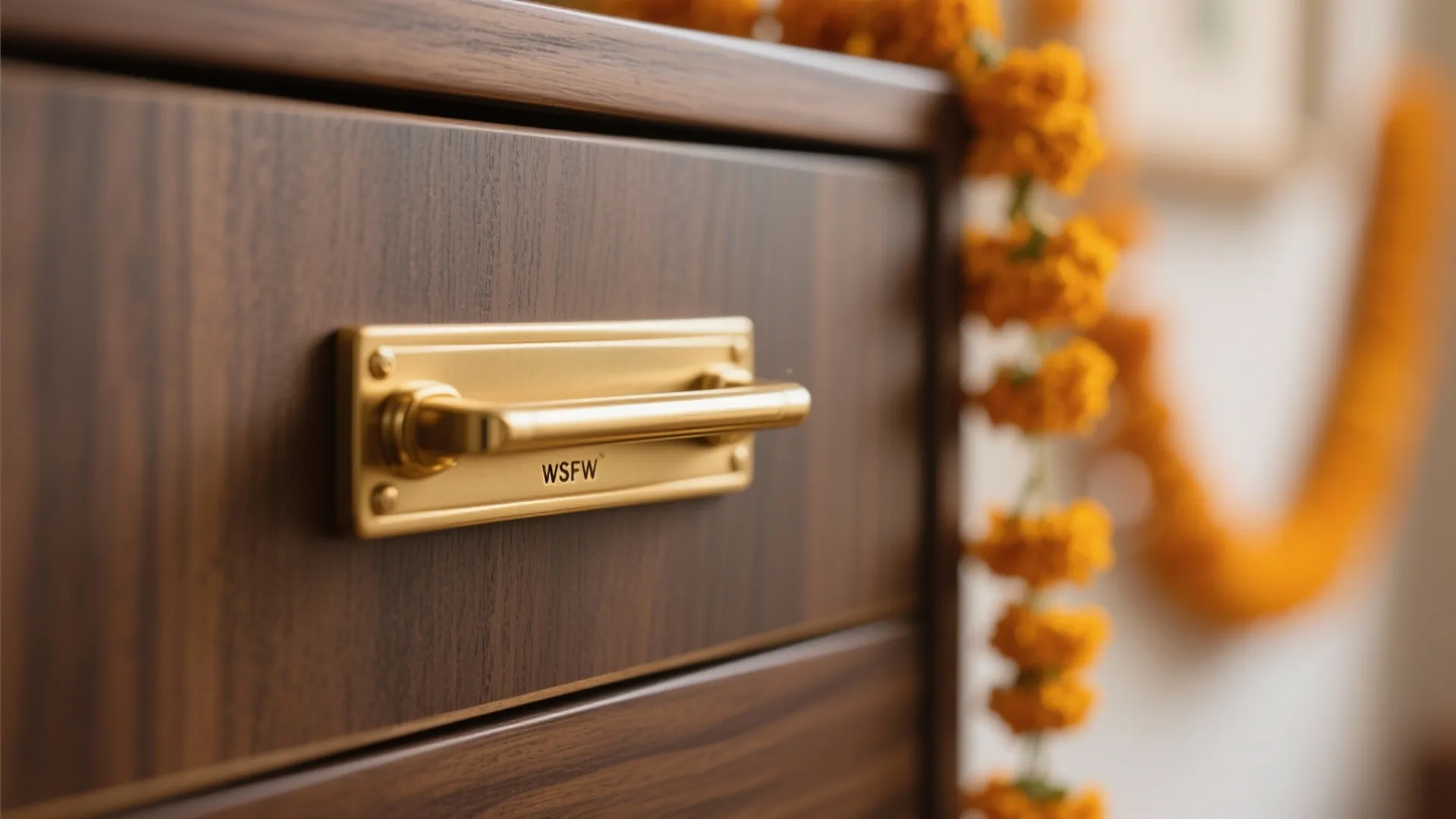 Warm wood accents with brass highlights