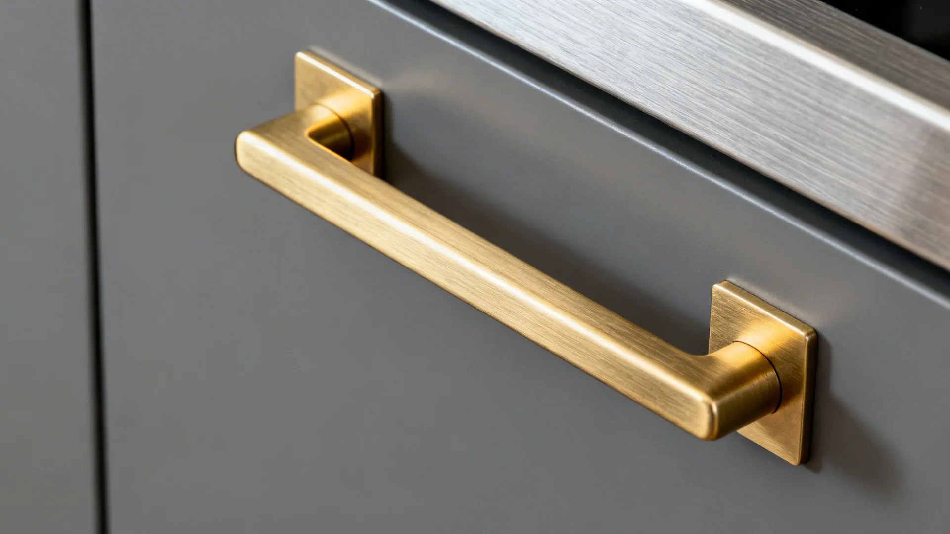 Macro of a brushed brass handle on a matte gray appliance door with slim stainless trim nearby.