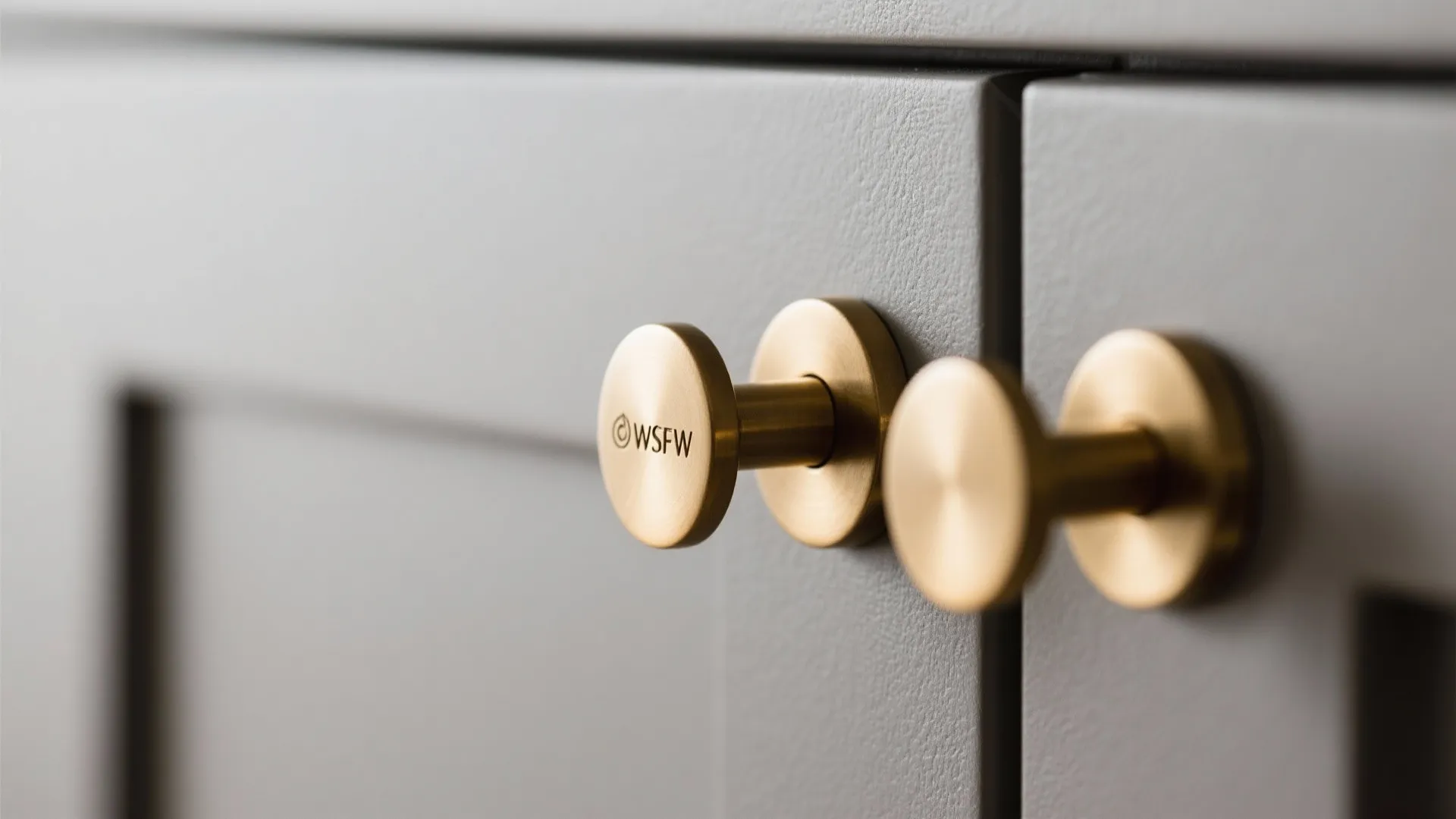 Round brass handles on matte grey cabinet doors in a modern kitchen interior design setting
