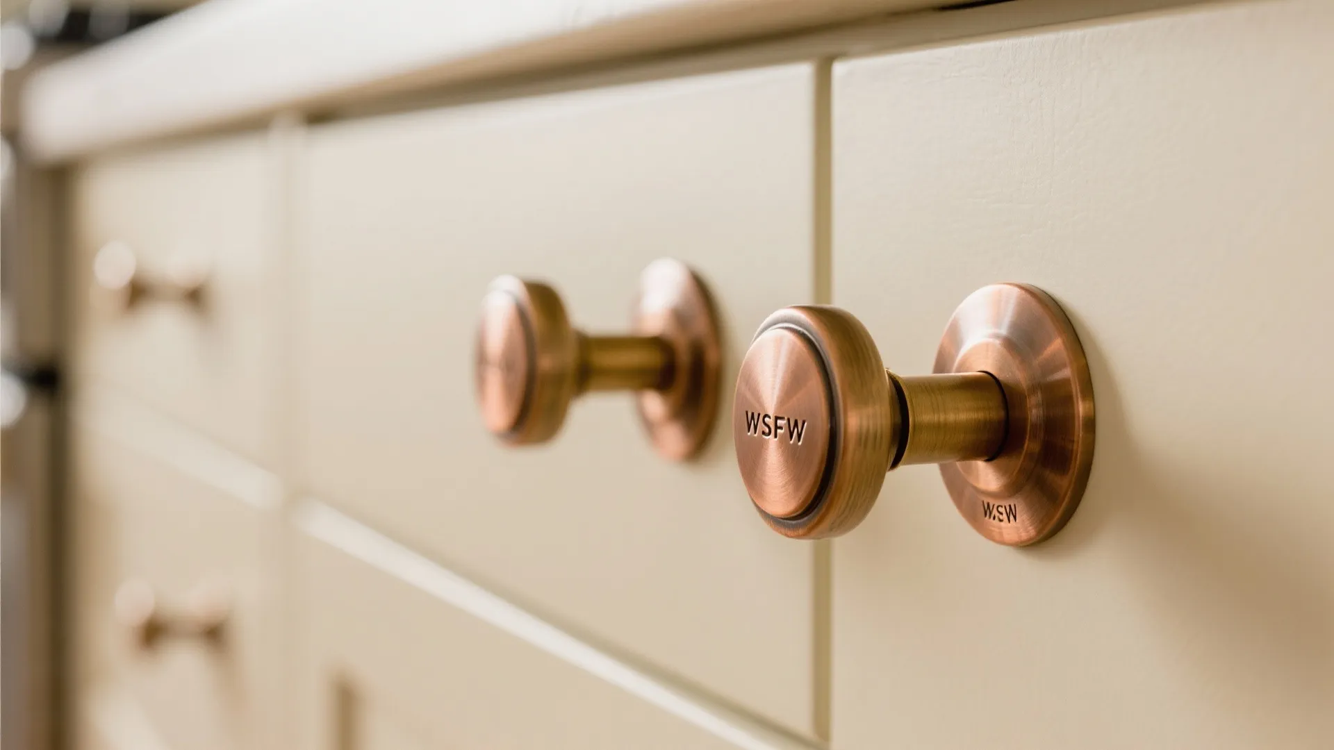 Brushed brass handles on cream galley kitchen cabinets