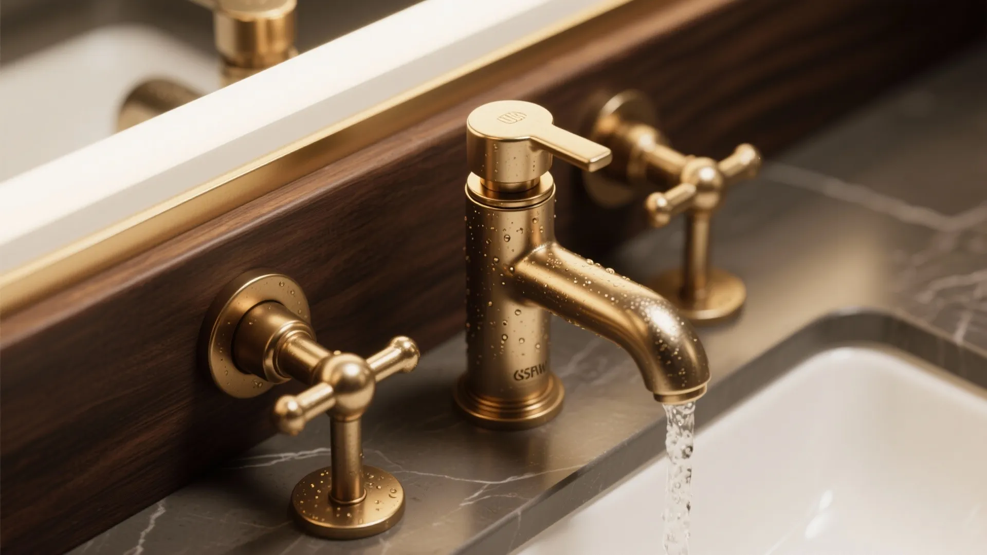 Close up of brushed gold water tap with flowing water on dark marble bathroom counter