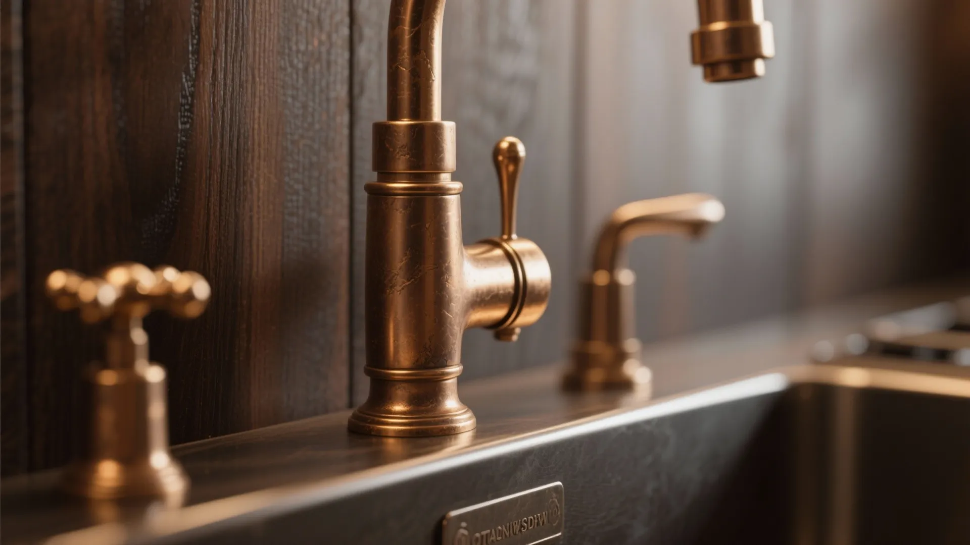 Close up of a classic gold kitchen water tap installed on a dark wood cabinet