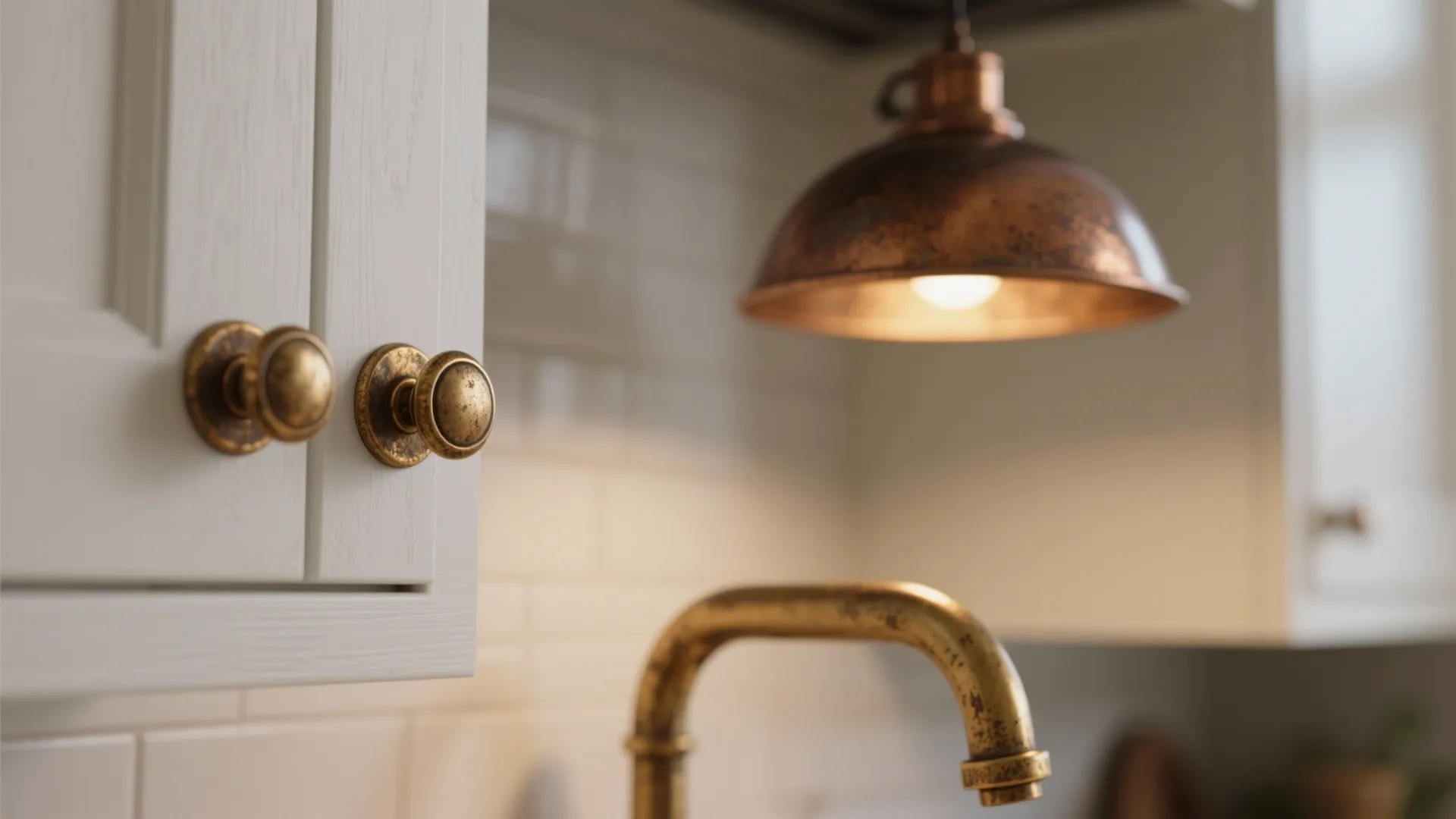 Close-up of gold cabinet knobs on white doors with a copper ceiling light and faucet