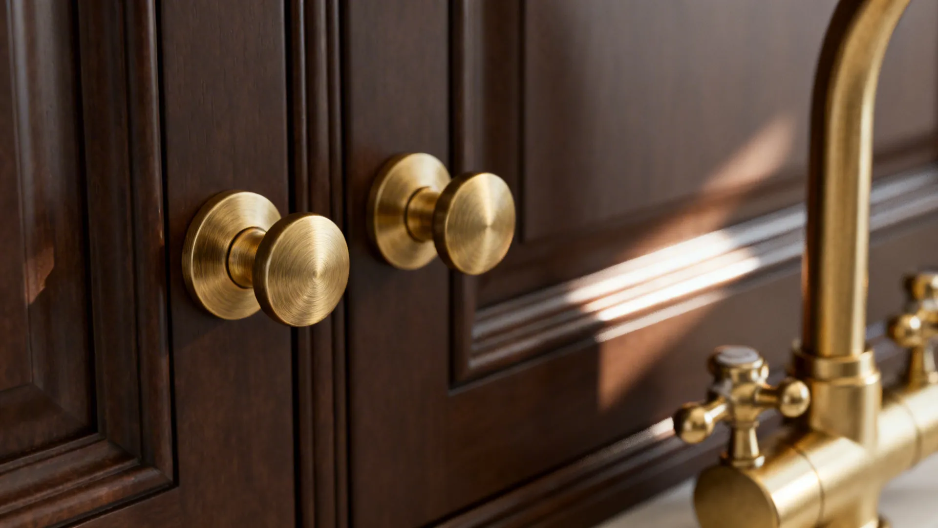 Brushed brass cabinet pull and faucet detail on dark brown cabinets.