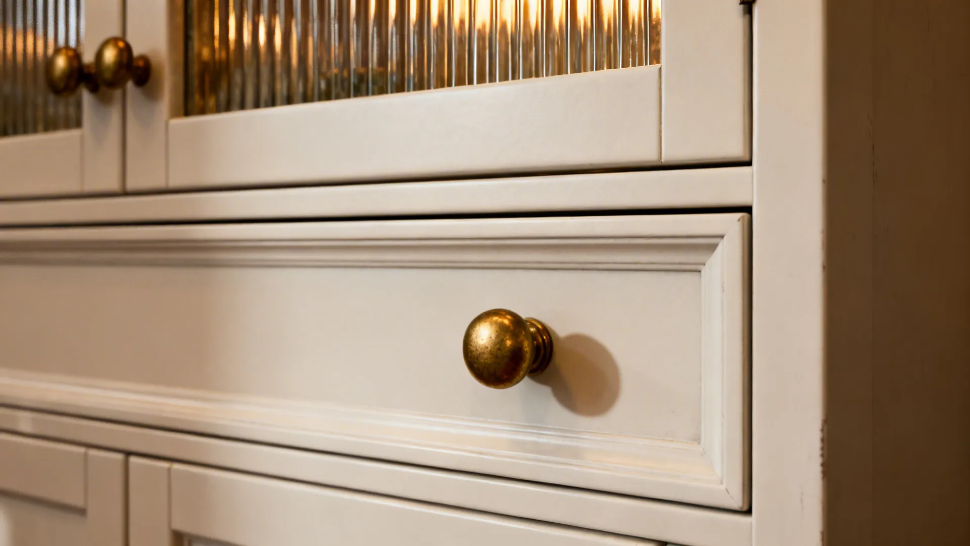 White cabinet drawer with warm brass knob and fluted glass details