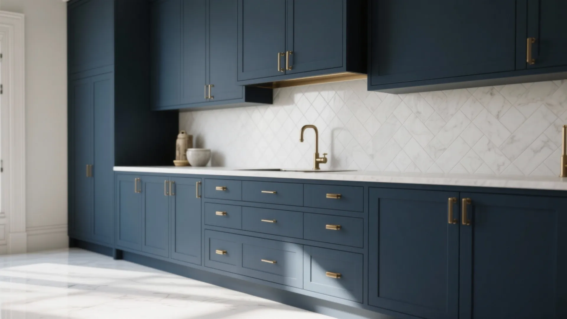 Modern blue kitchen cabinets with gold handles and white marble tile wall in bright sunlight