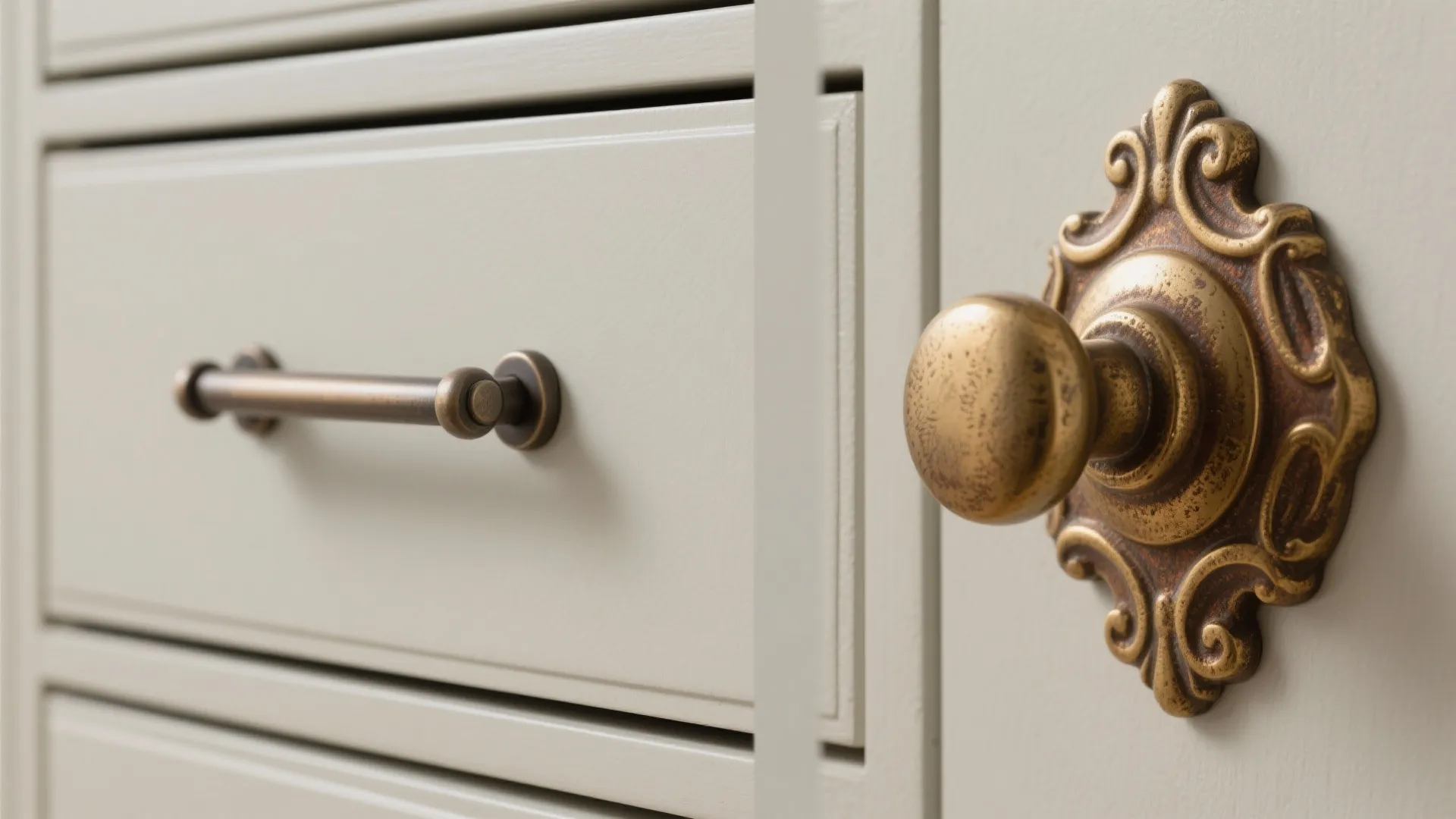 Close up of a brass handle on a white drawer next to a round metal knob