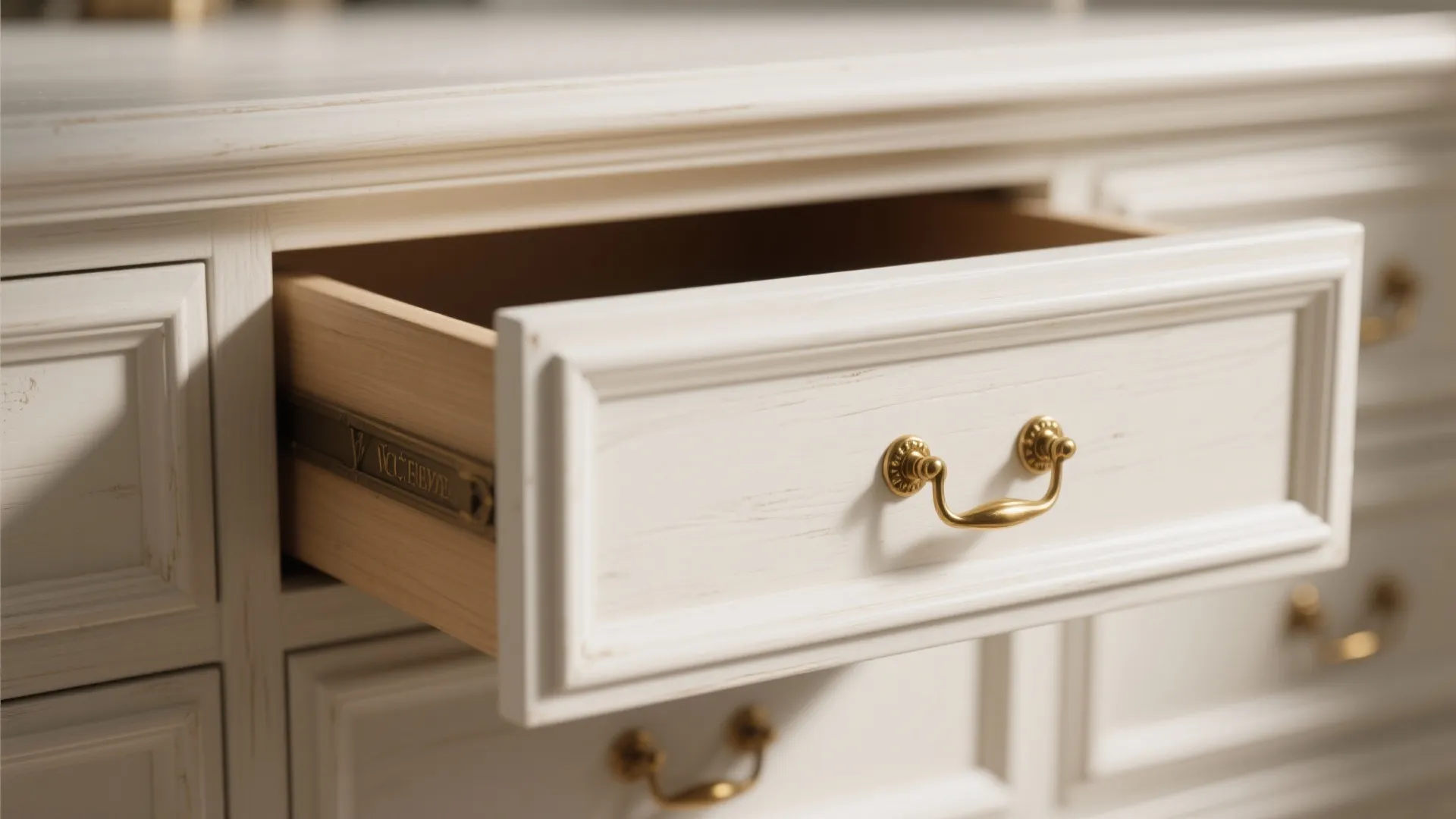 3. Antique White with Brass Hardware for Warm Contrast