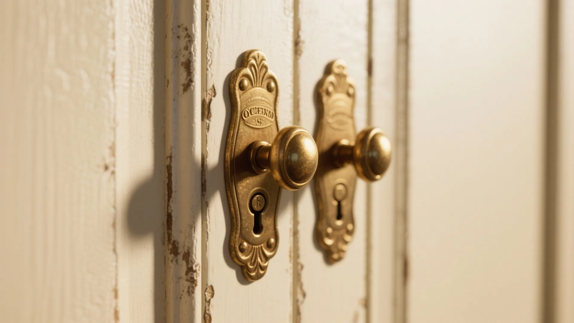 Vintage aged brass cabinet pull on antique cream cabinet with visible paint texture.
