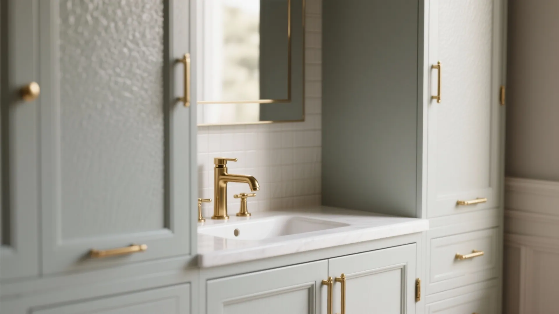 5. Soft gray with brass hardware