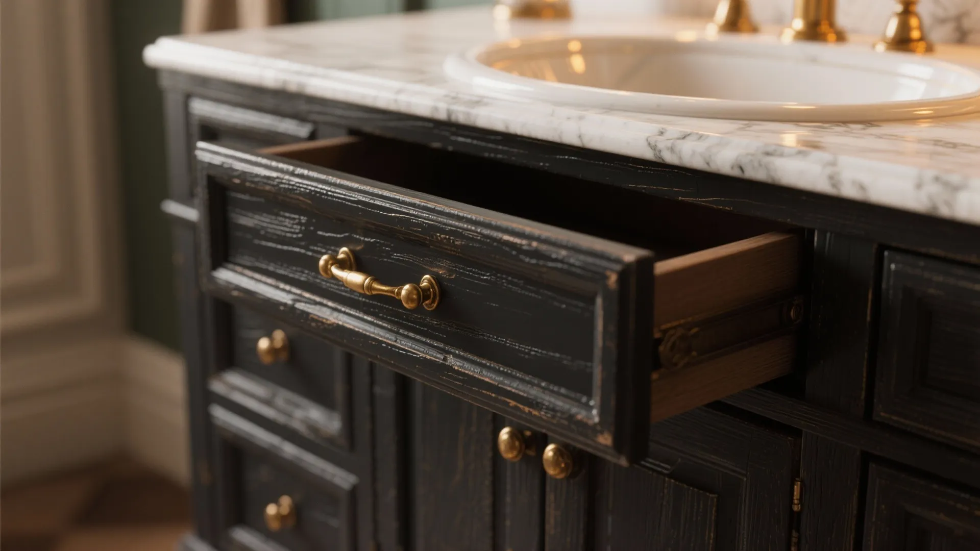 2. Single-Sink Cabinet with Brass Hardware